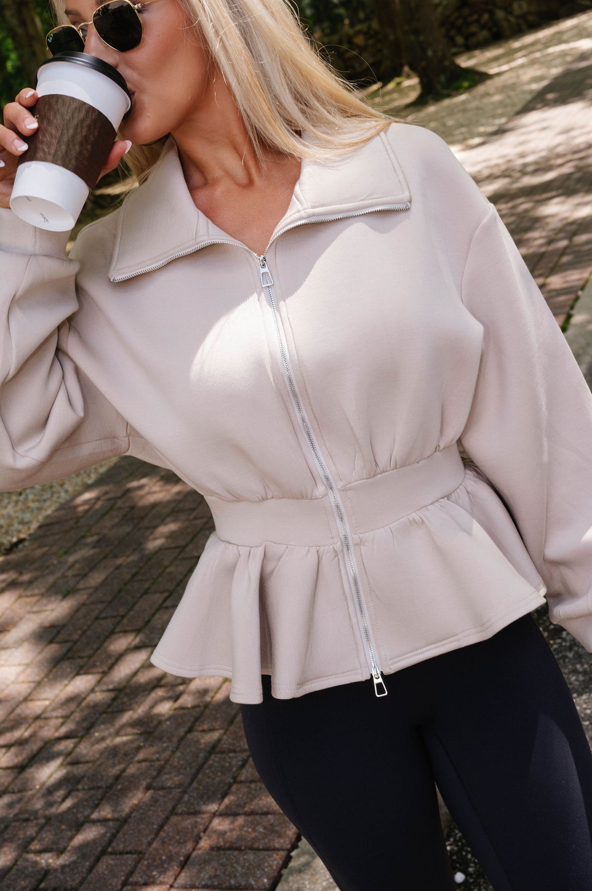 Natalie Peplum Scuba Jacket-Taupe