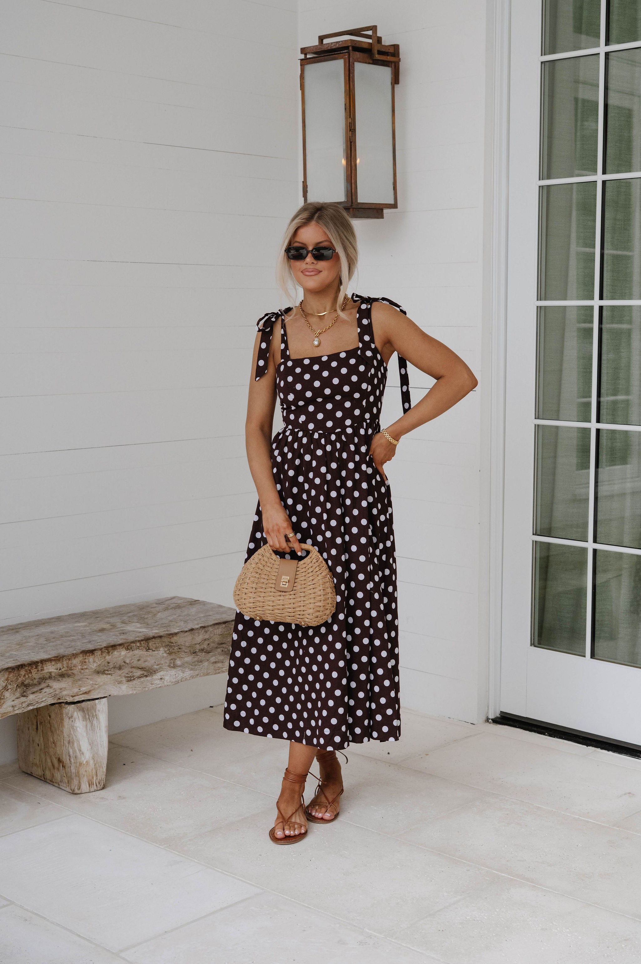 Serena Polka Dot Midi Dress-Brown