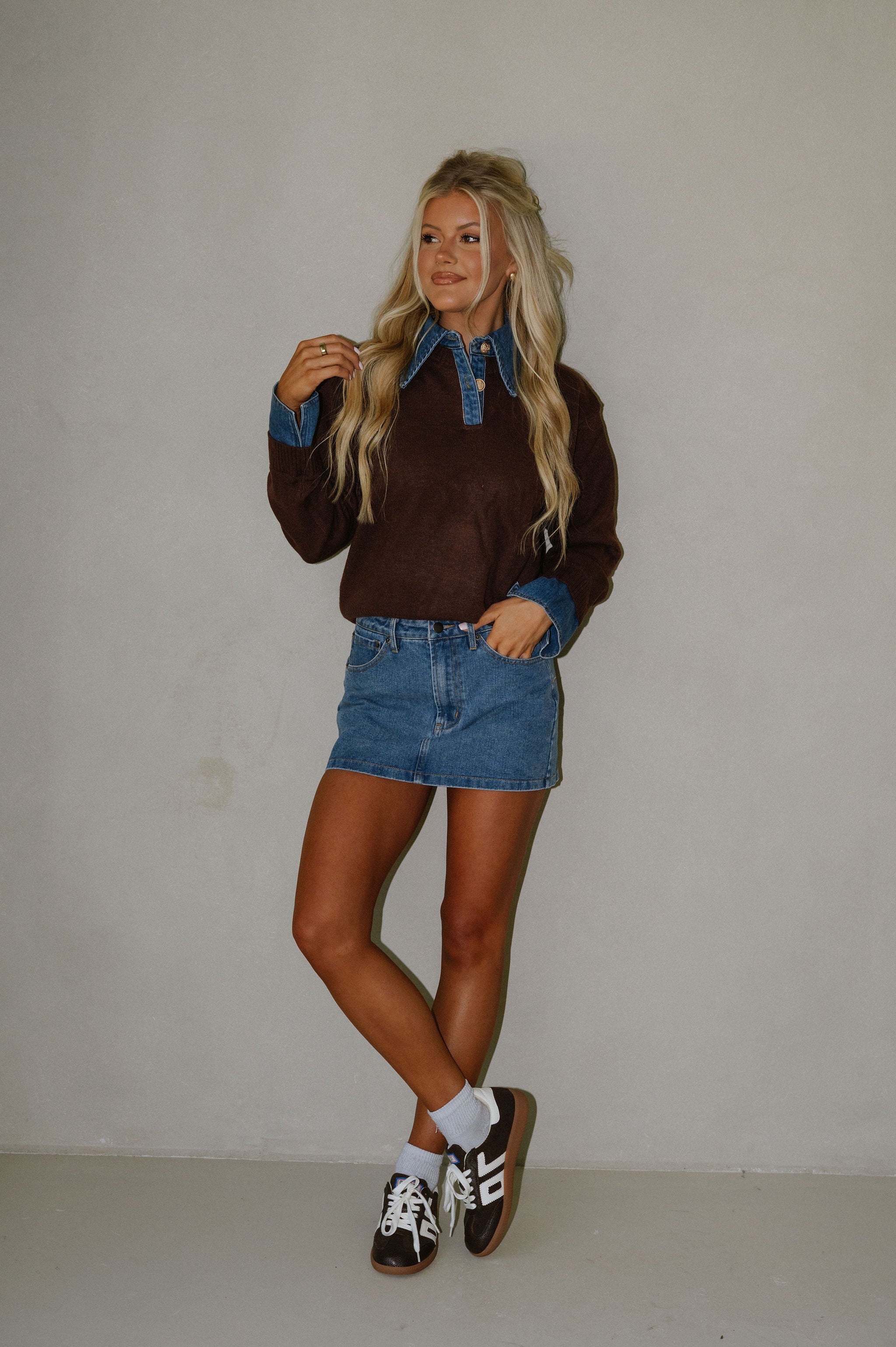 Denim Knit Top-Brown