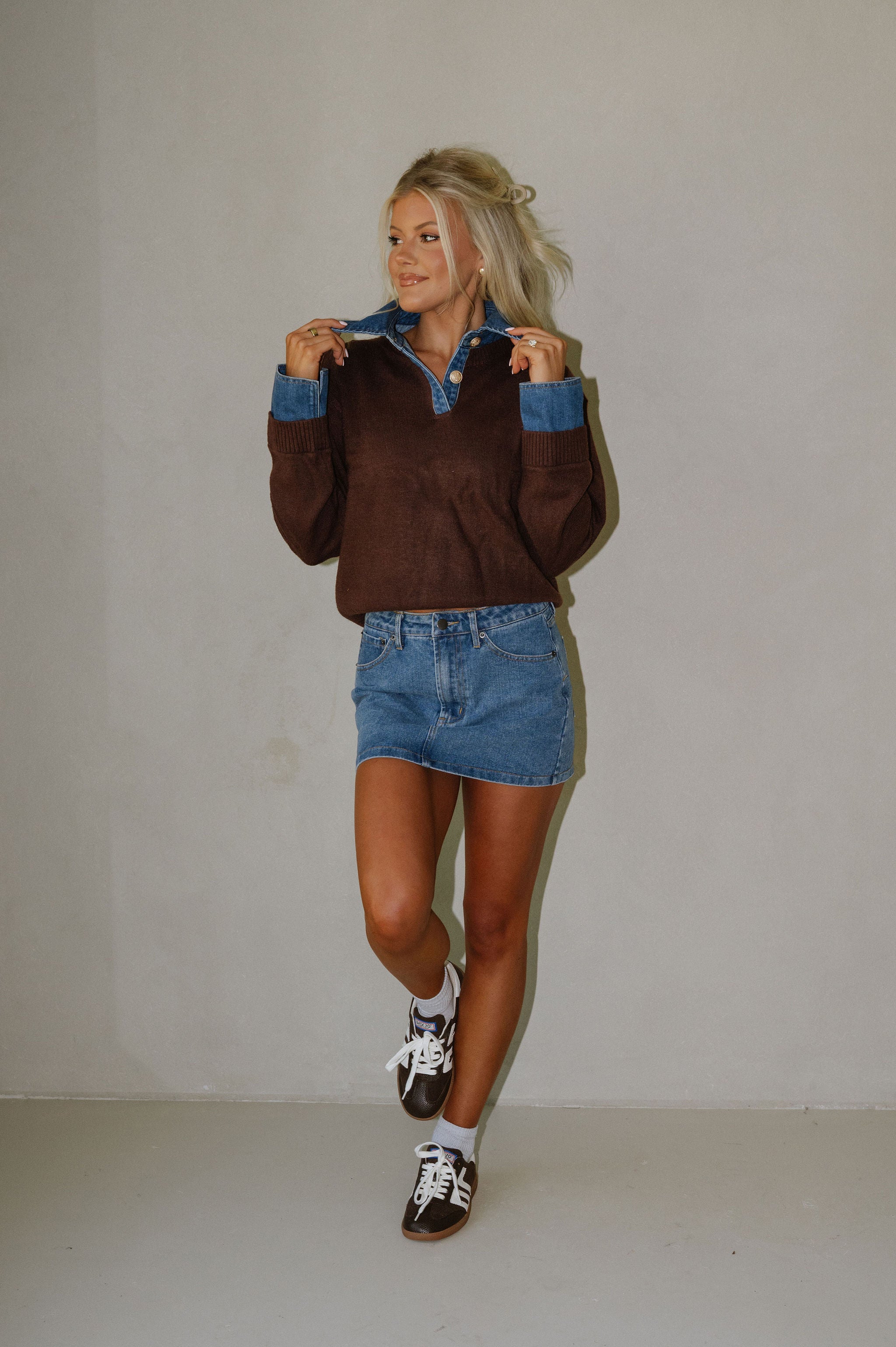 Denim Knit Top-Brown