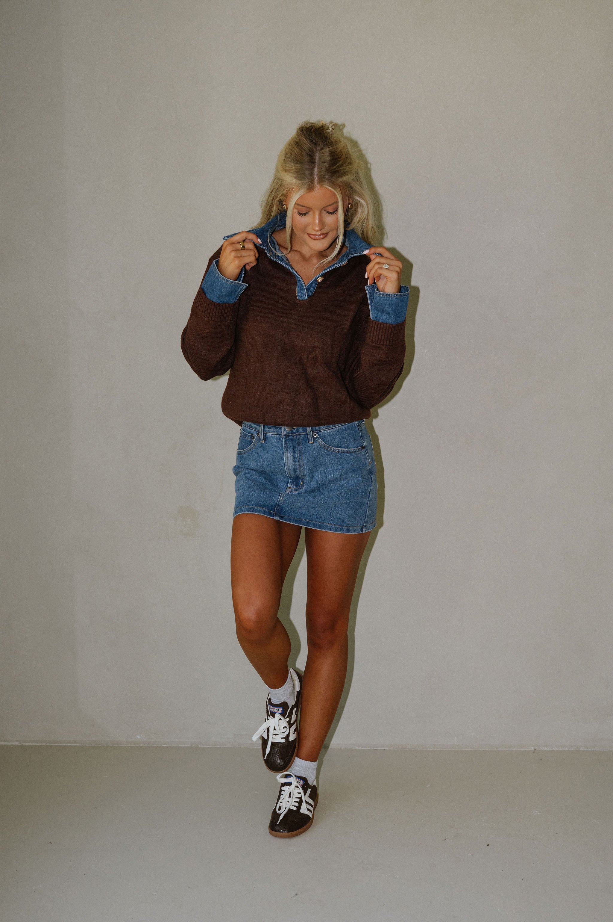 Denim Knit Top-Brown