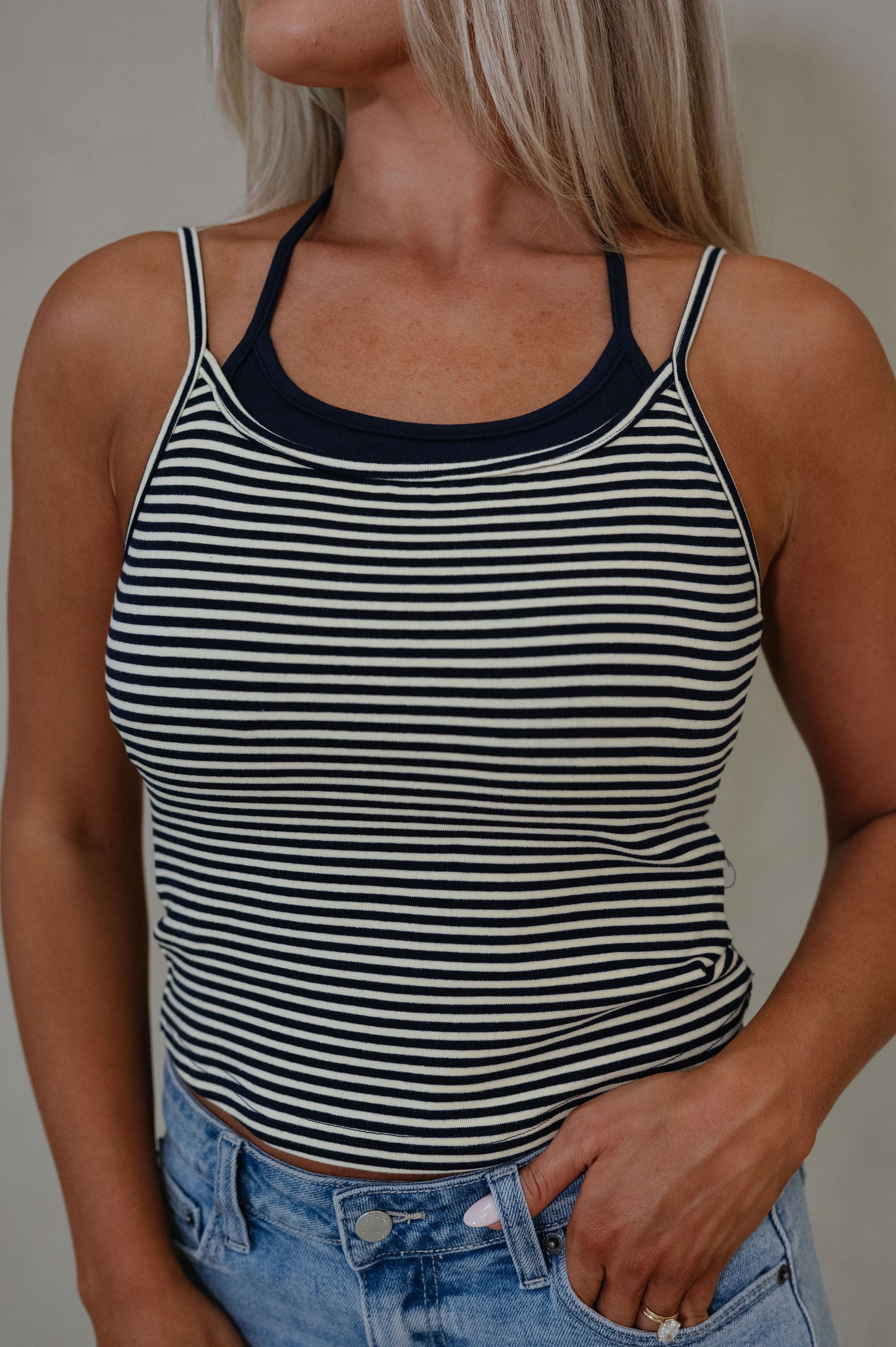Two Tone Halter Top-Navy/Yellow