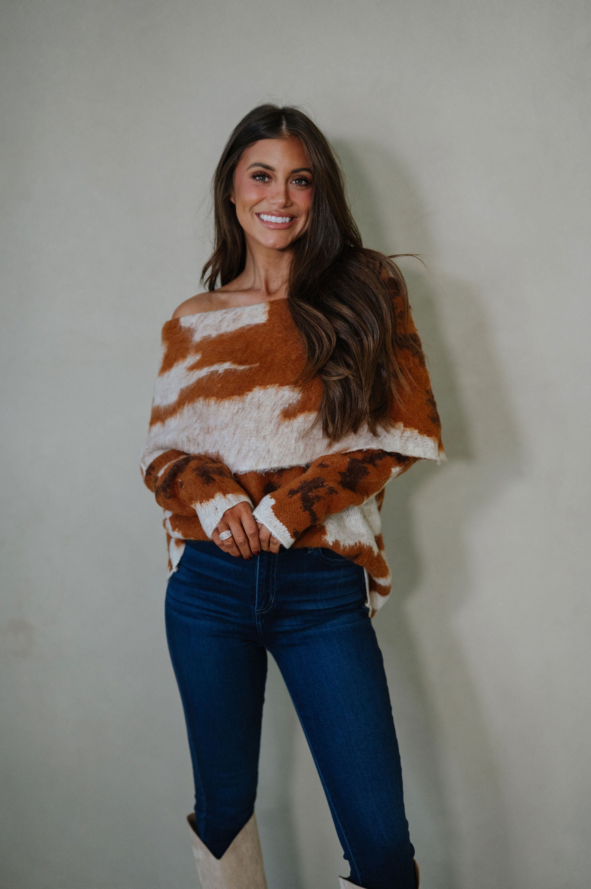 Cow Print Sweater-Brown/Ivory