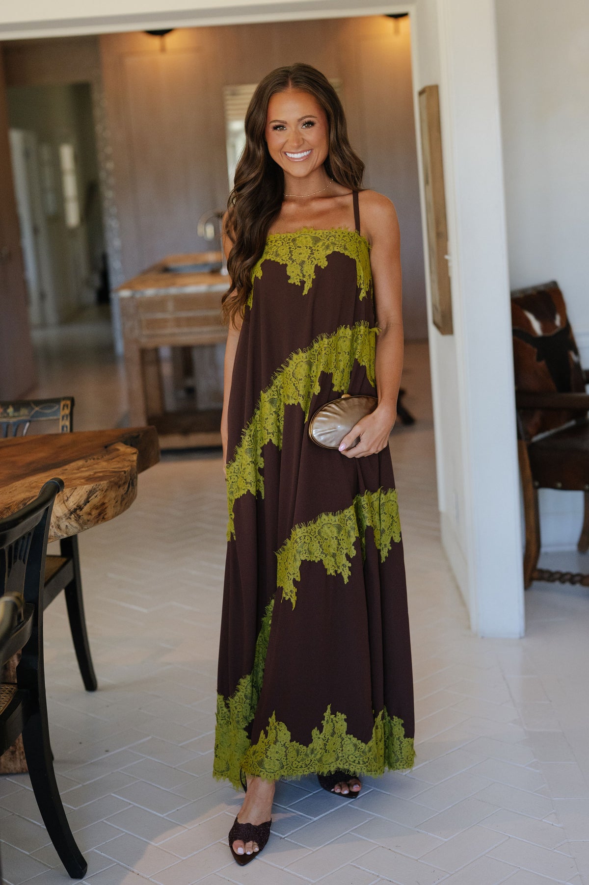 Stephanie Contrast Lace Trim Detail Maxi Dress-Chocolate