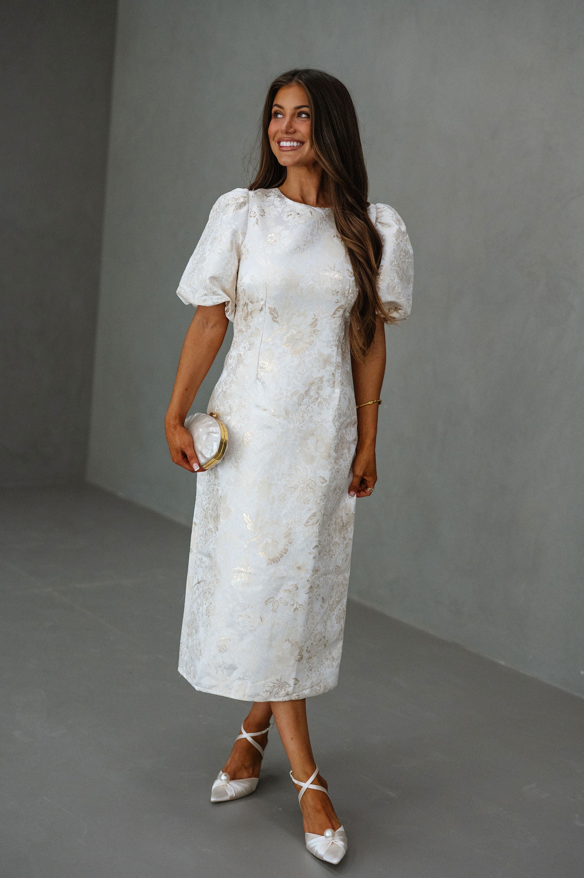 Lola Jacquard Cut Out Midi Dress-Champagne