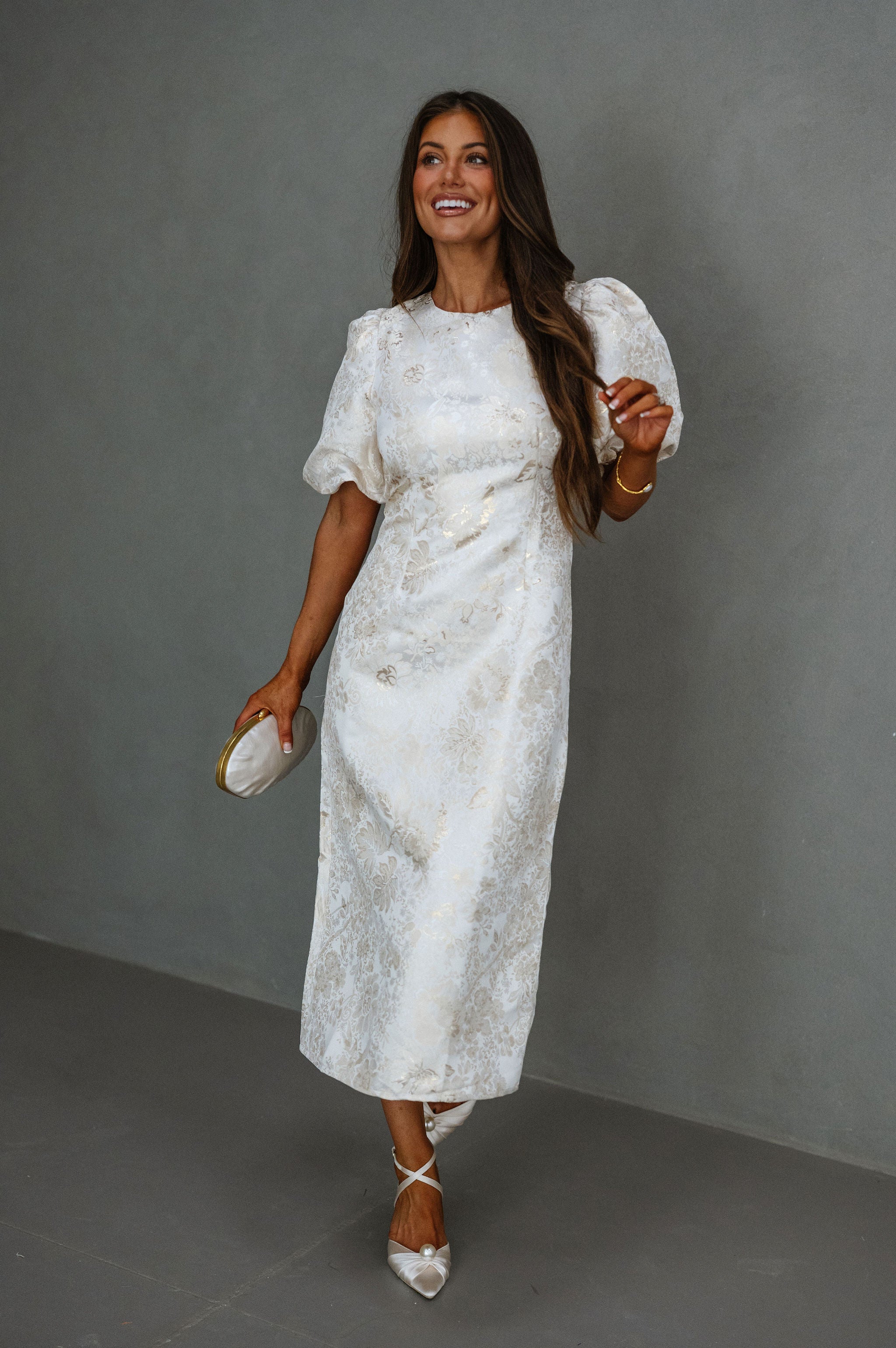 Lola Jacquard Cut Out Midi Dress-Champagne