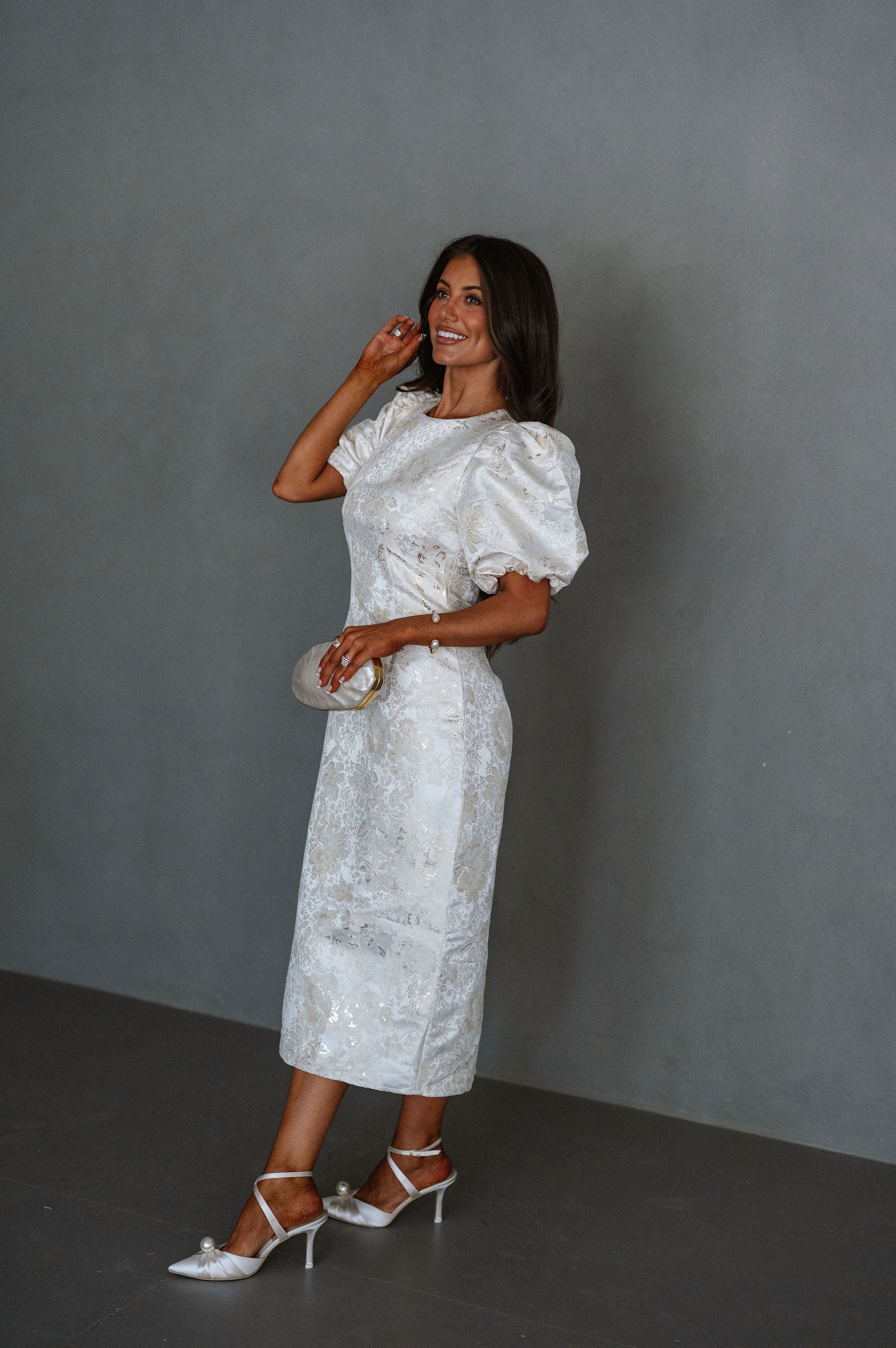 Lola Jacquard Cut Out Midi Dress-Champagne