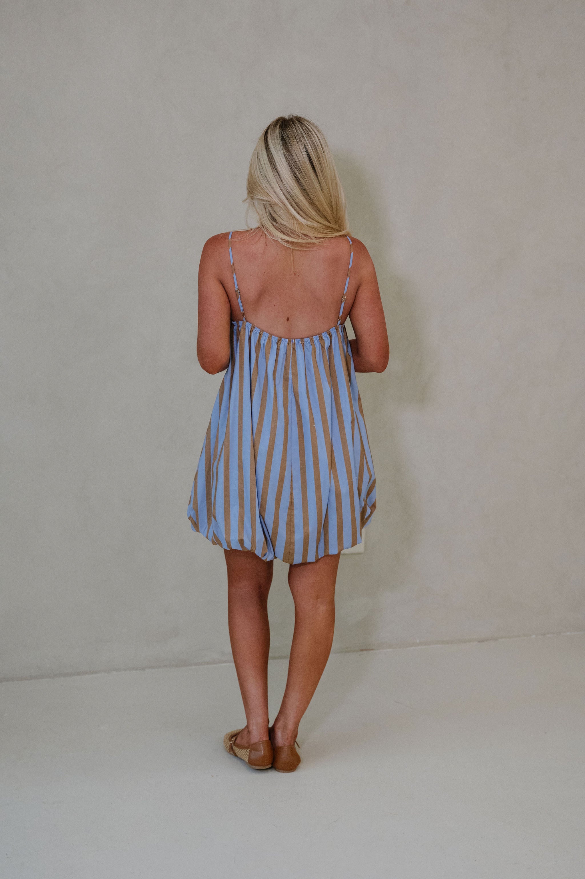 Mckenna Striped Mini Dress-Light Blue/Brown