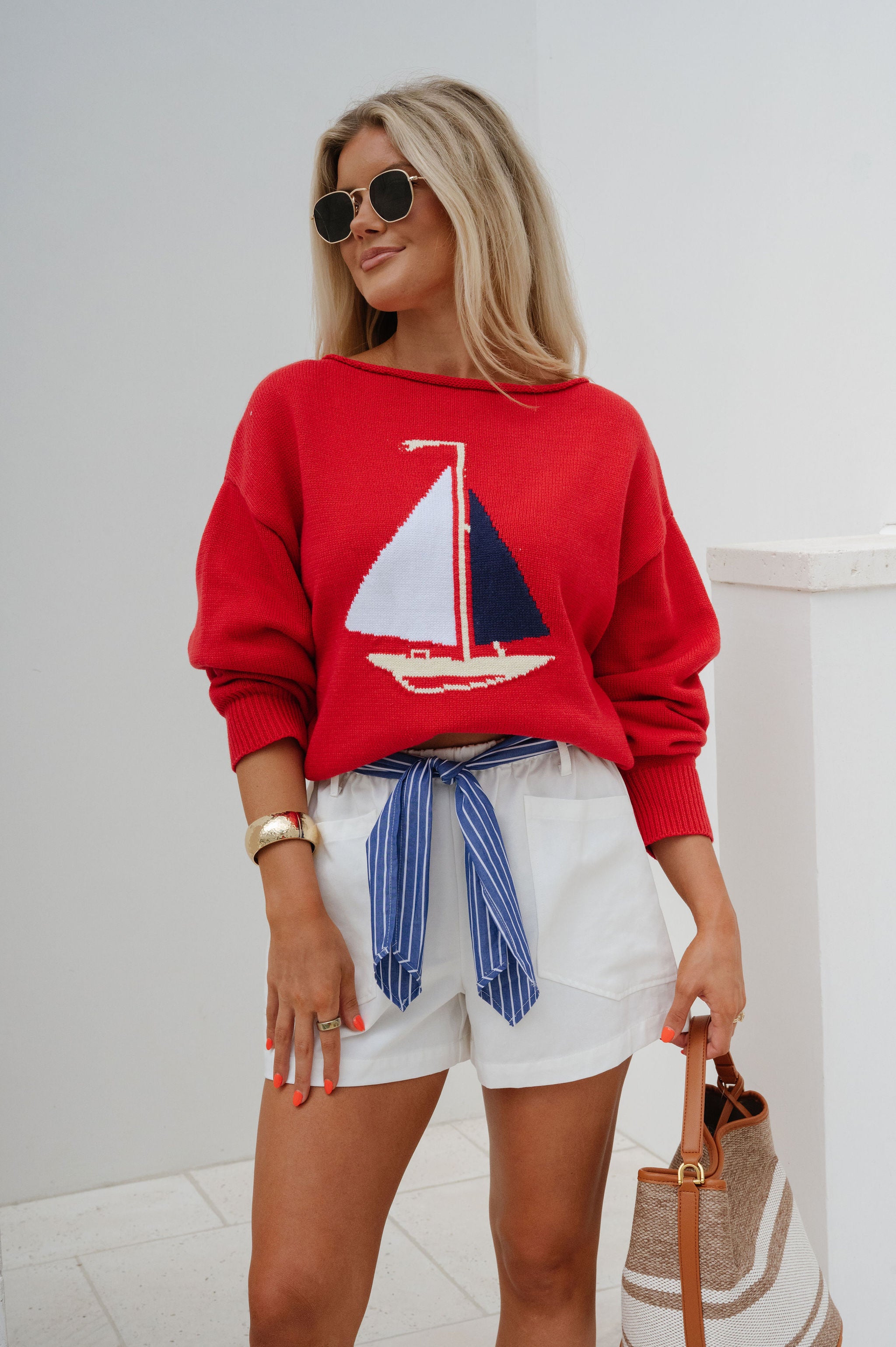 Boat Neck Sweater Top-Red