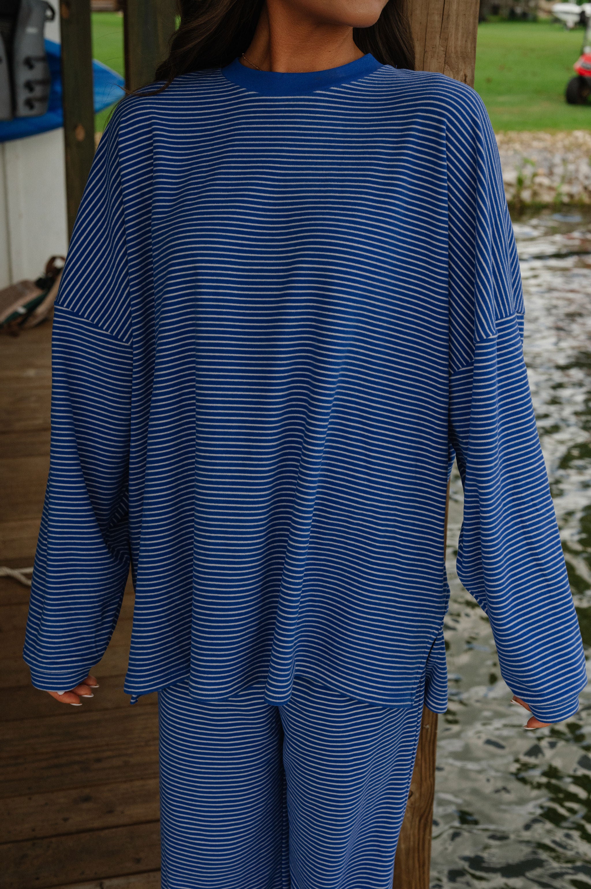 Nora Striped Fleece Oversized Top-Royal Blue