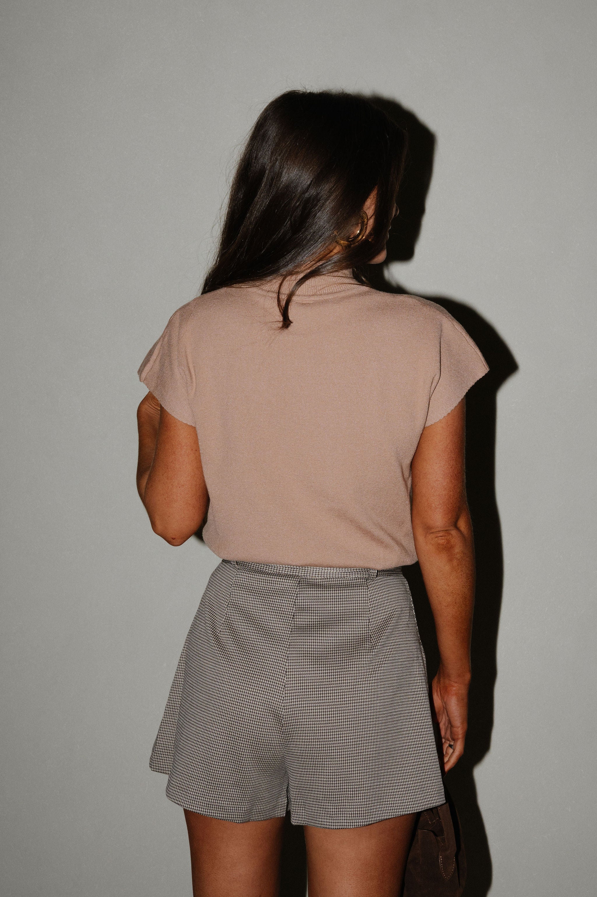 Pleated Houndstooth Shorts-Brown