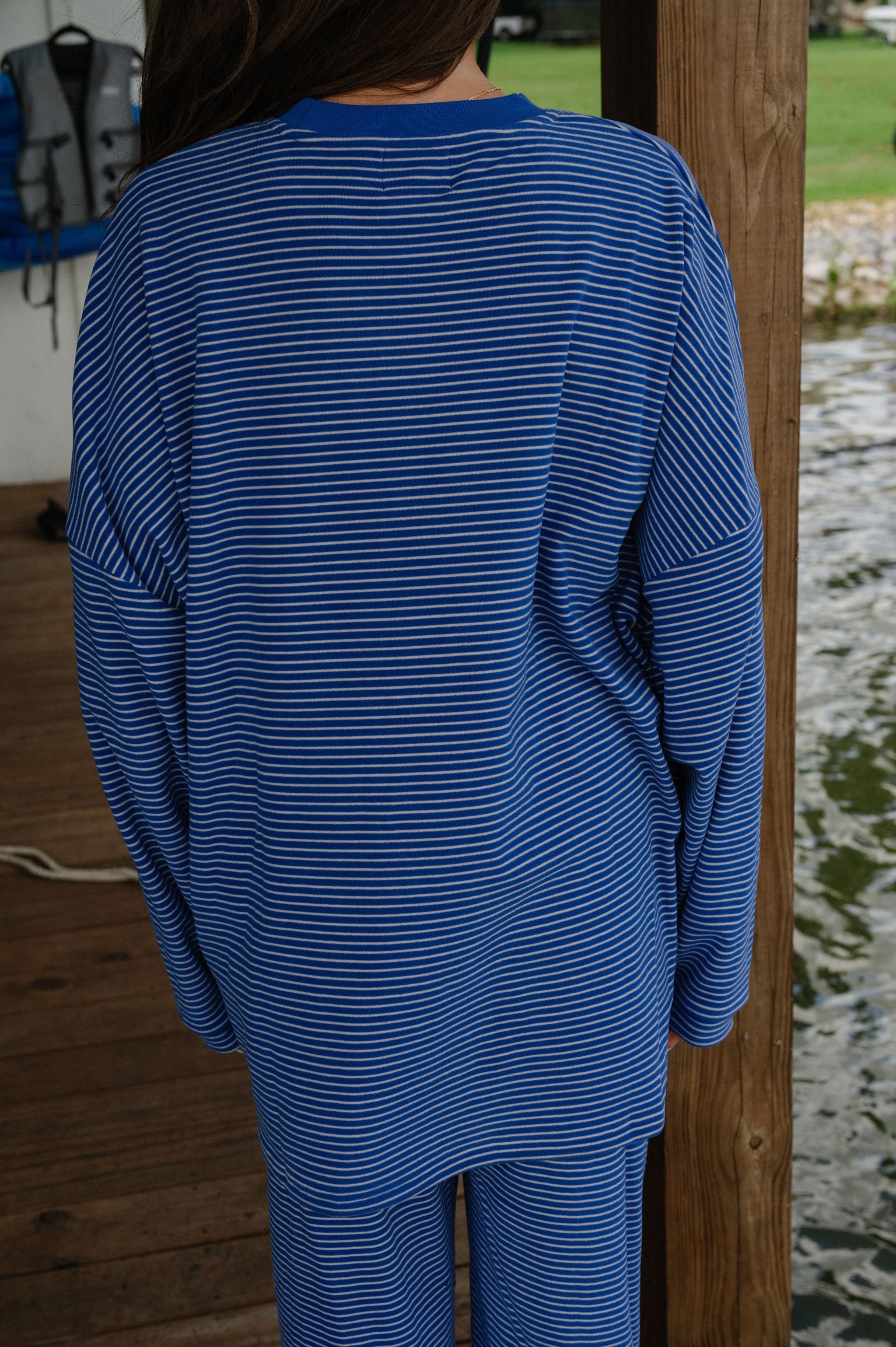 Nora Striped Fleece Oversized Top-Royal Blue