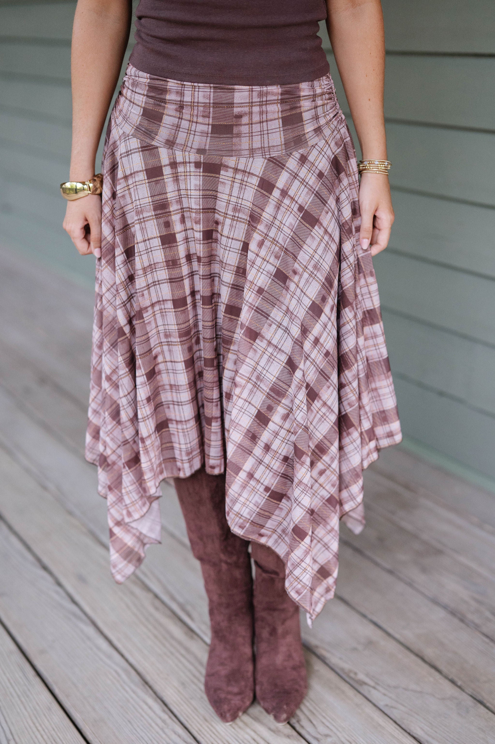 Layered Plaid Midi Skirt-Brown