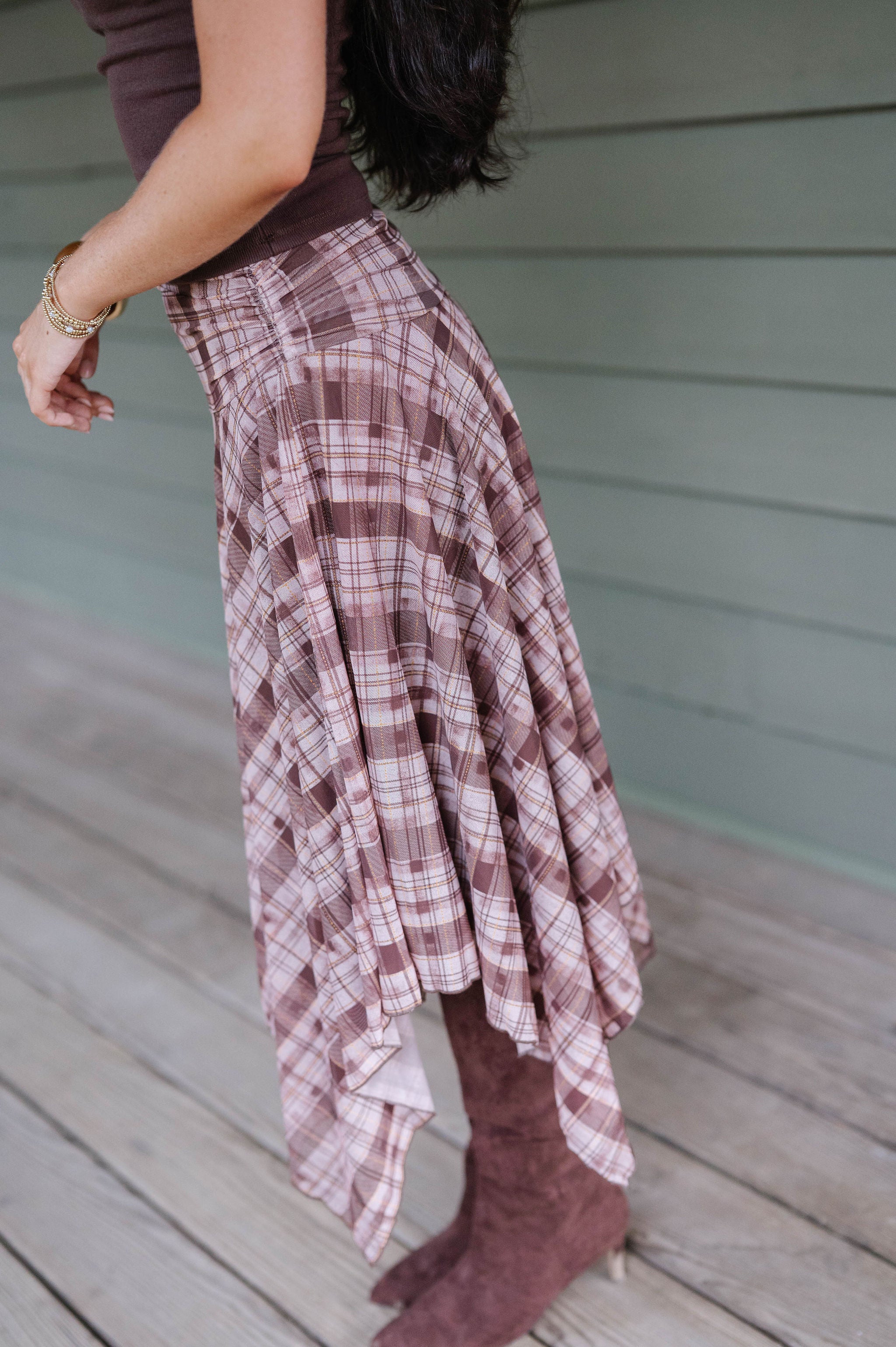 Layered Plaid Midi Skirt-Brown
