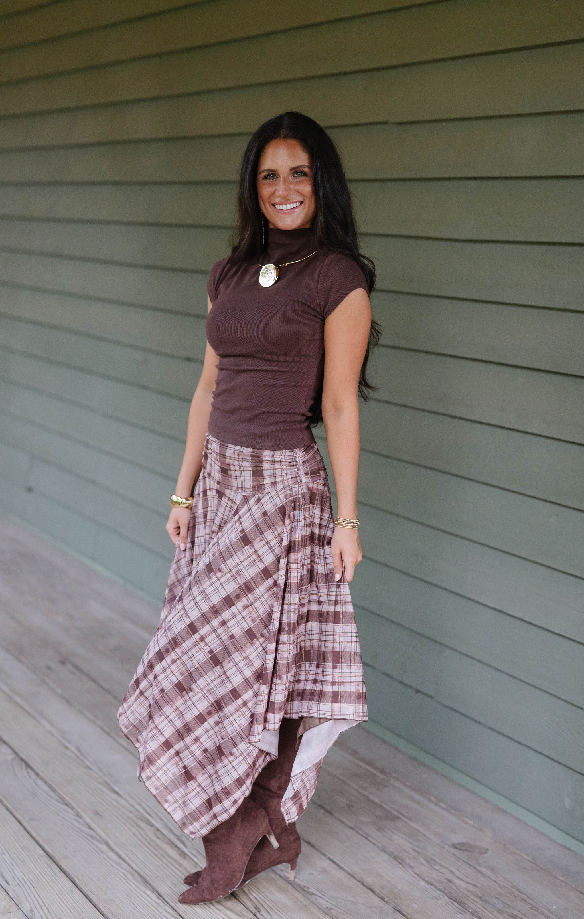 Layered Plaid Midi Skirt-Brown