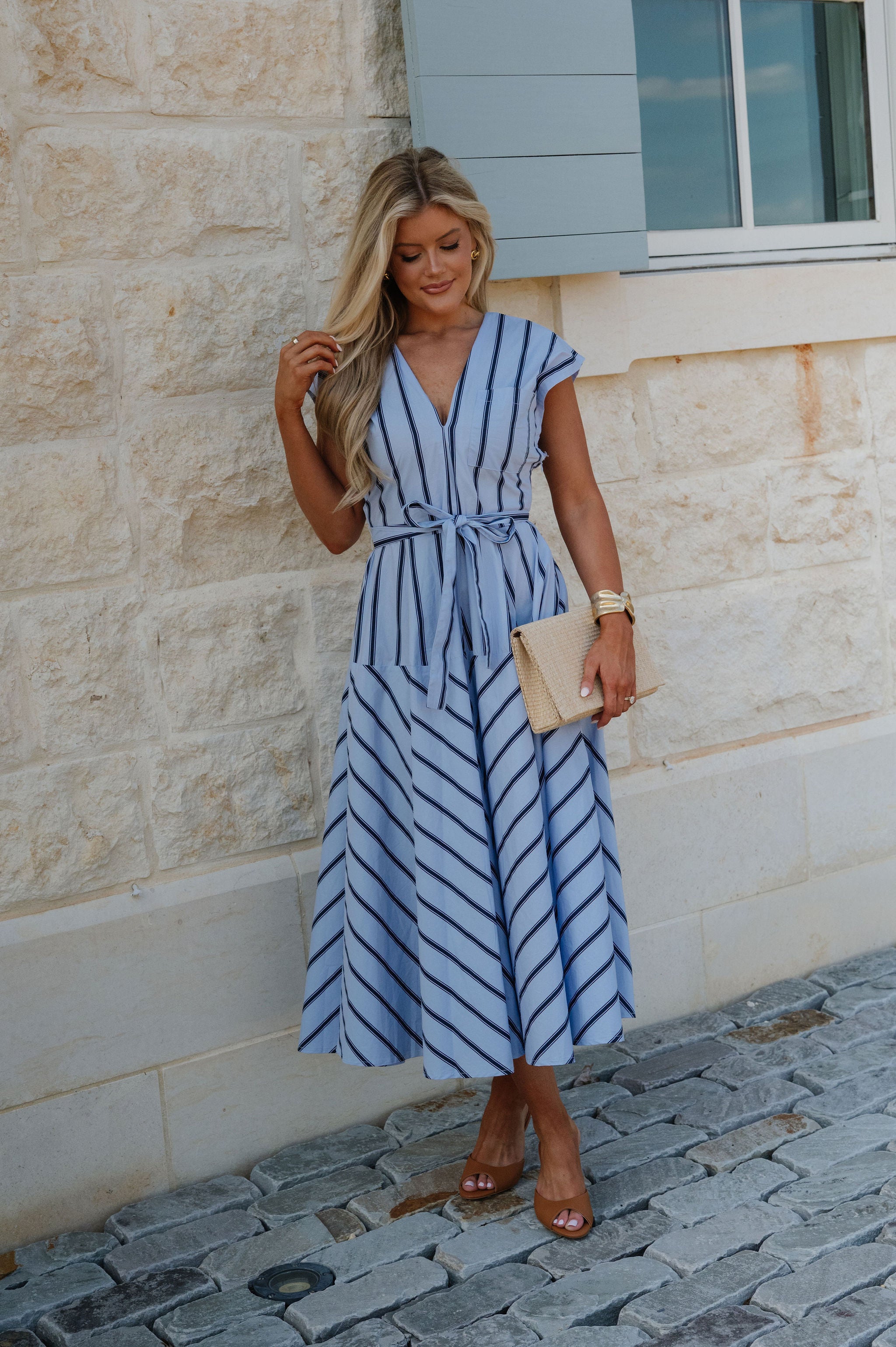 Lola Striped Midi Dress-Blue