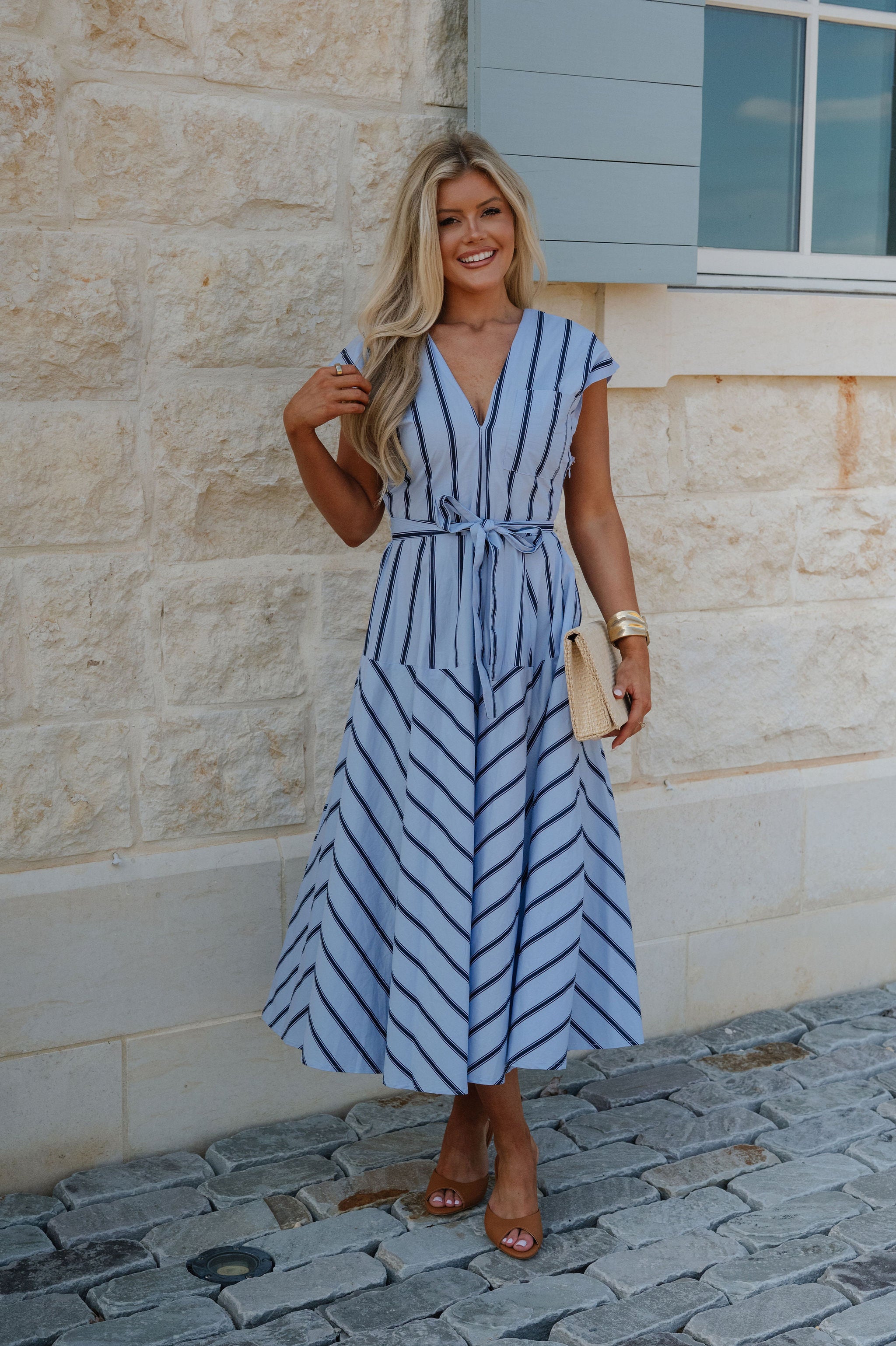 Lola Striped Midi Dress-Blue