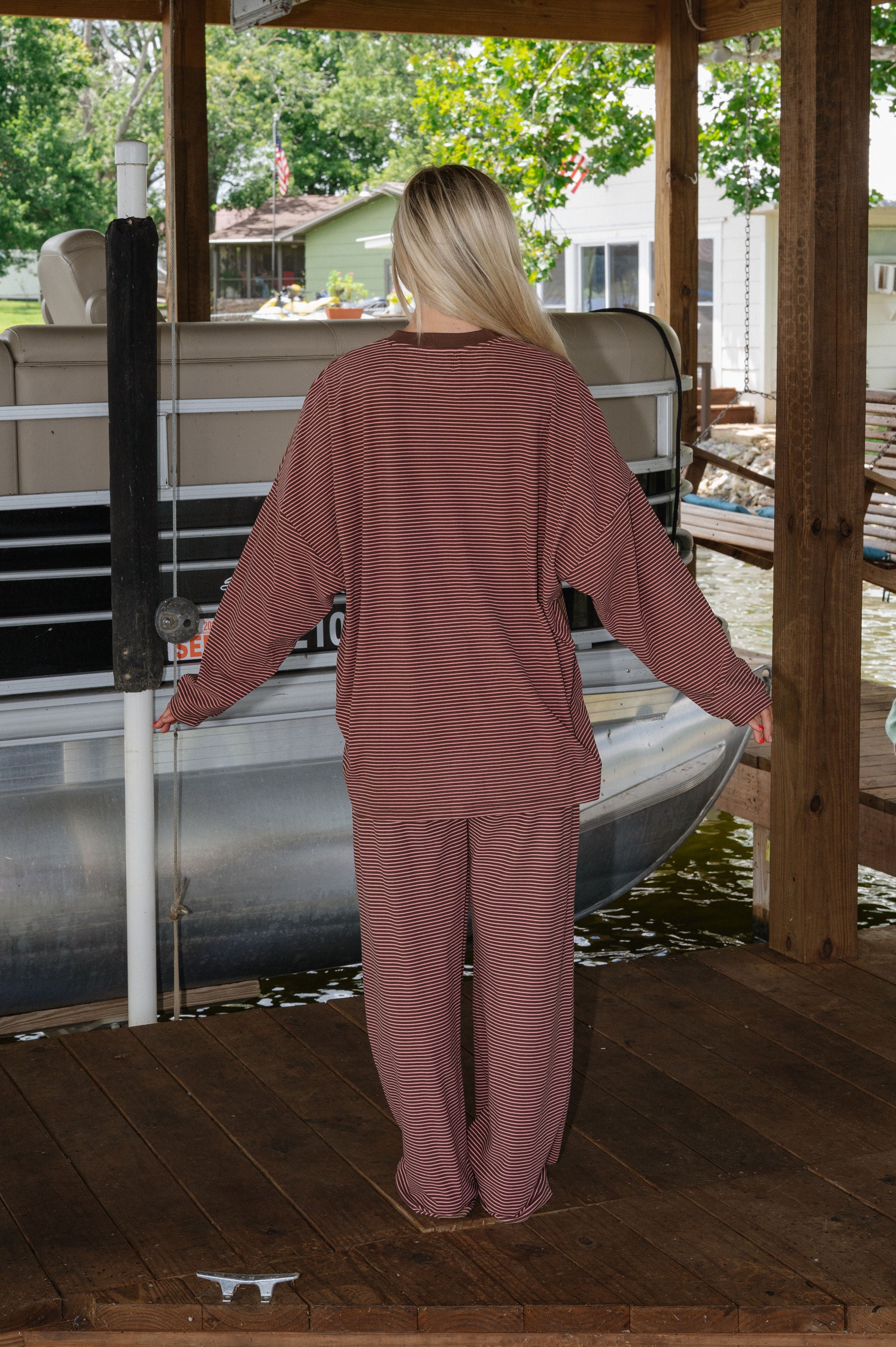 Nora Striped Fleece Oversized Top-Brown/Pink