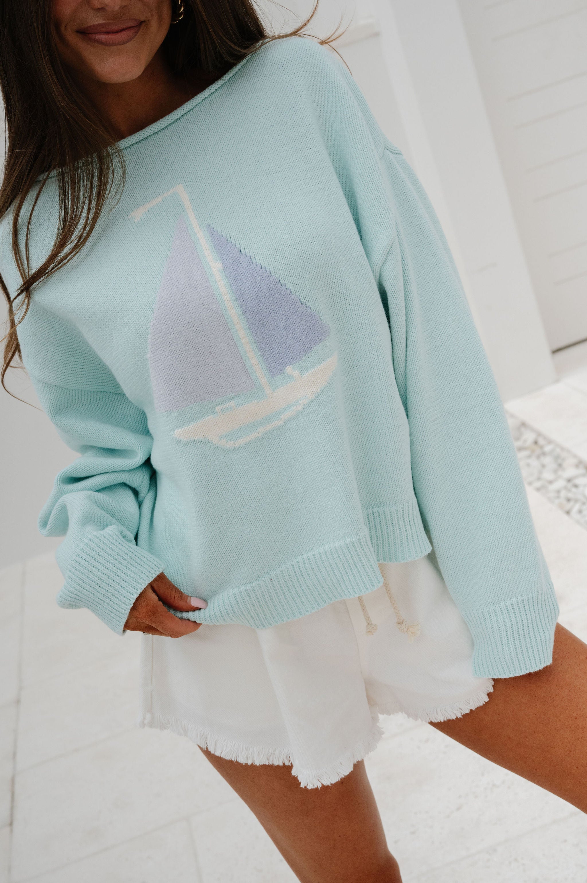 Boat Neck Sweater Top-Mint