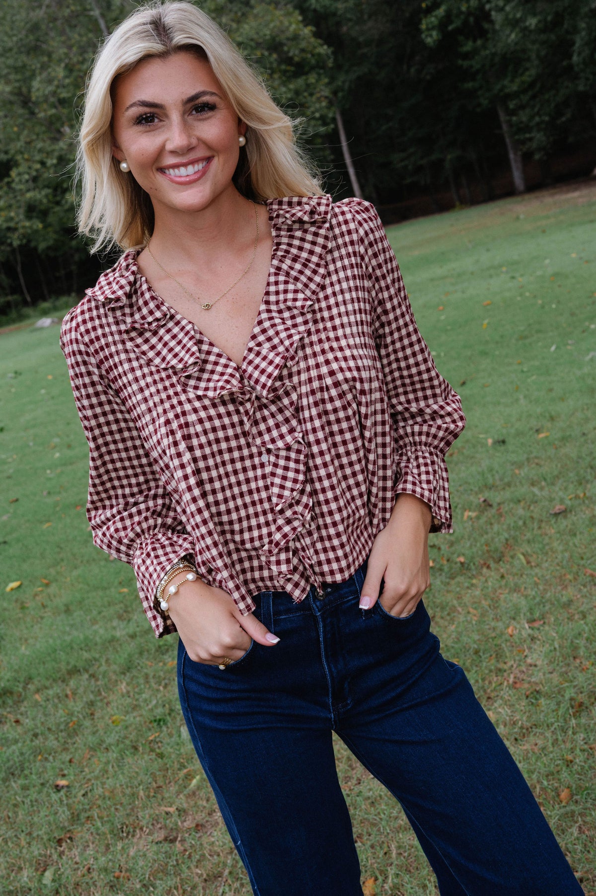 Hazel Gingham Ruffle Blouse-Burgundy/Taupe