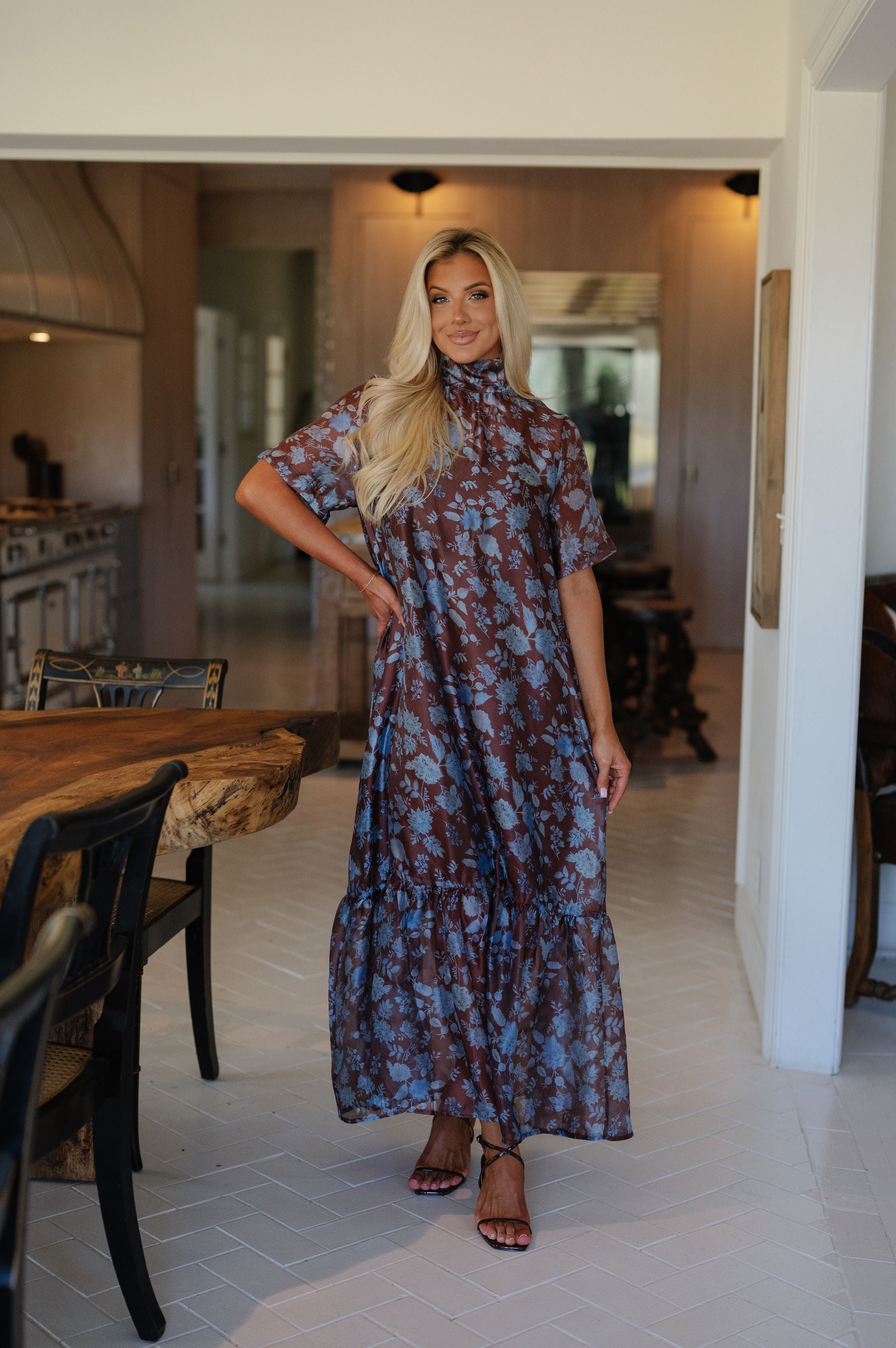 London High-Neck Maxi Dress-Brown