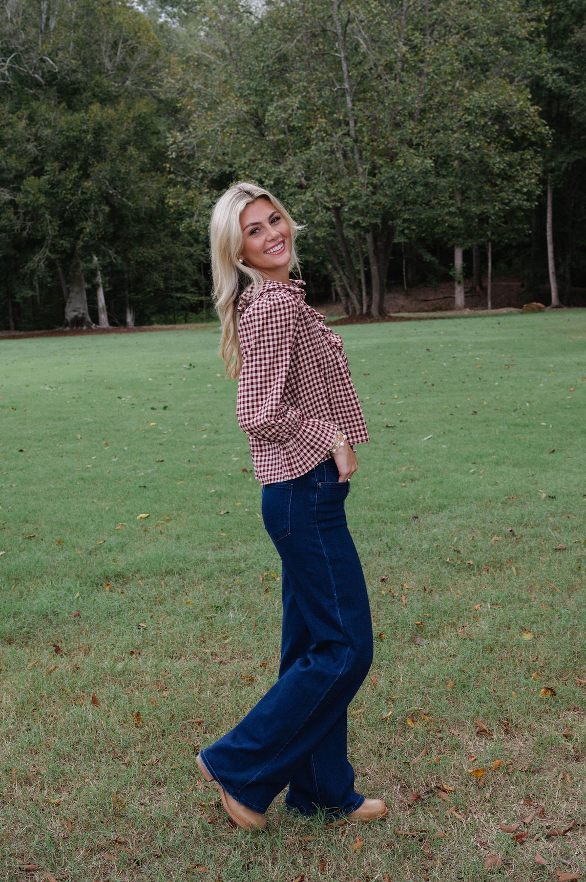 Hazel Gingham Ruffle Blouse-Burgundy/Taupe