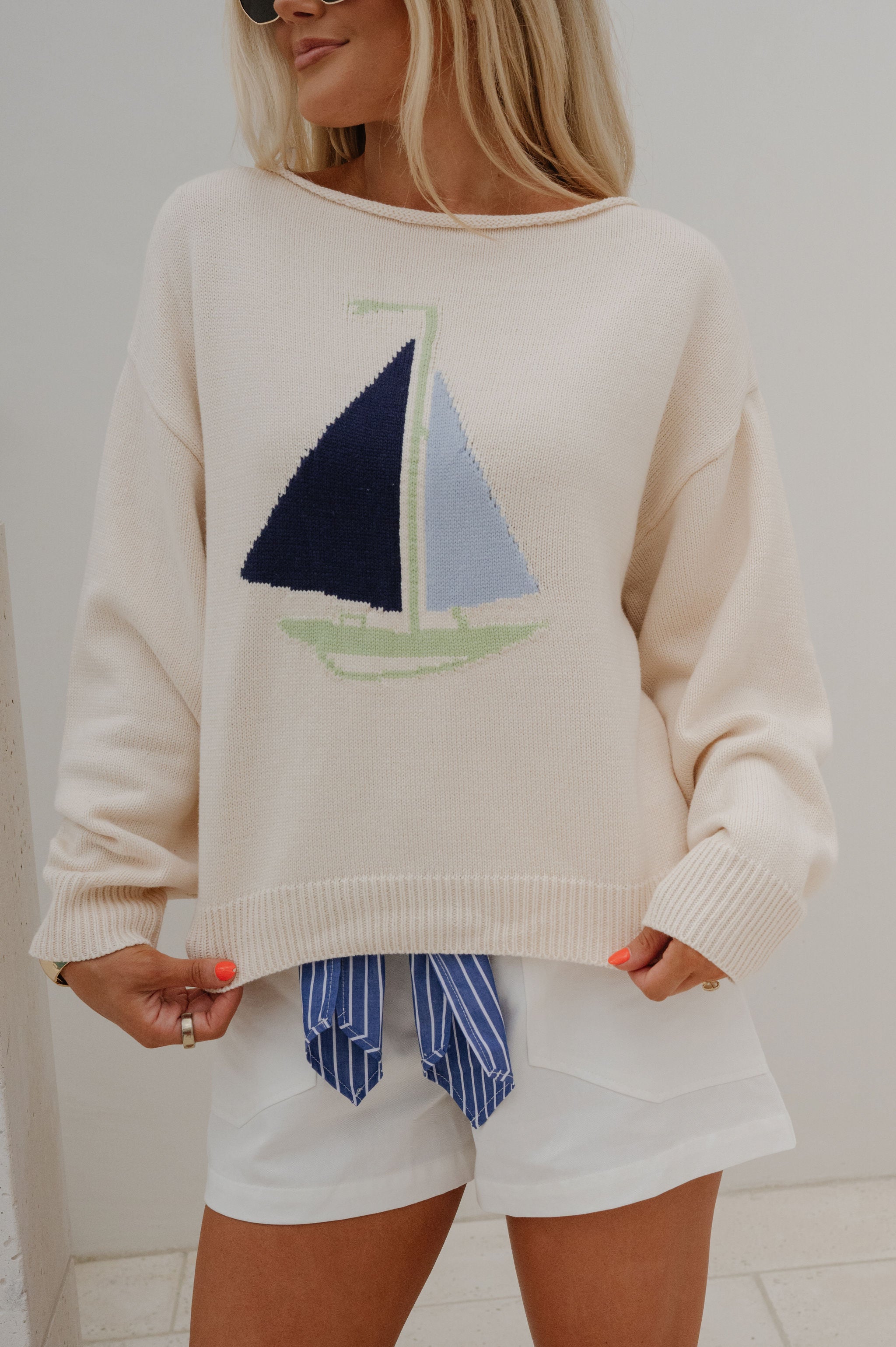 Boat Neck Sweater Top-Ivory