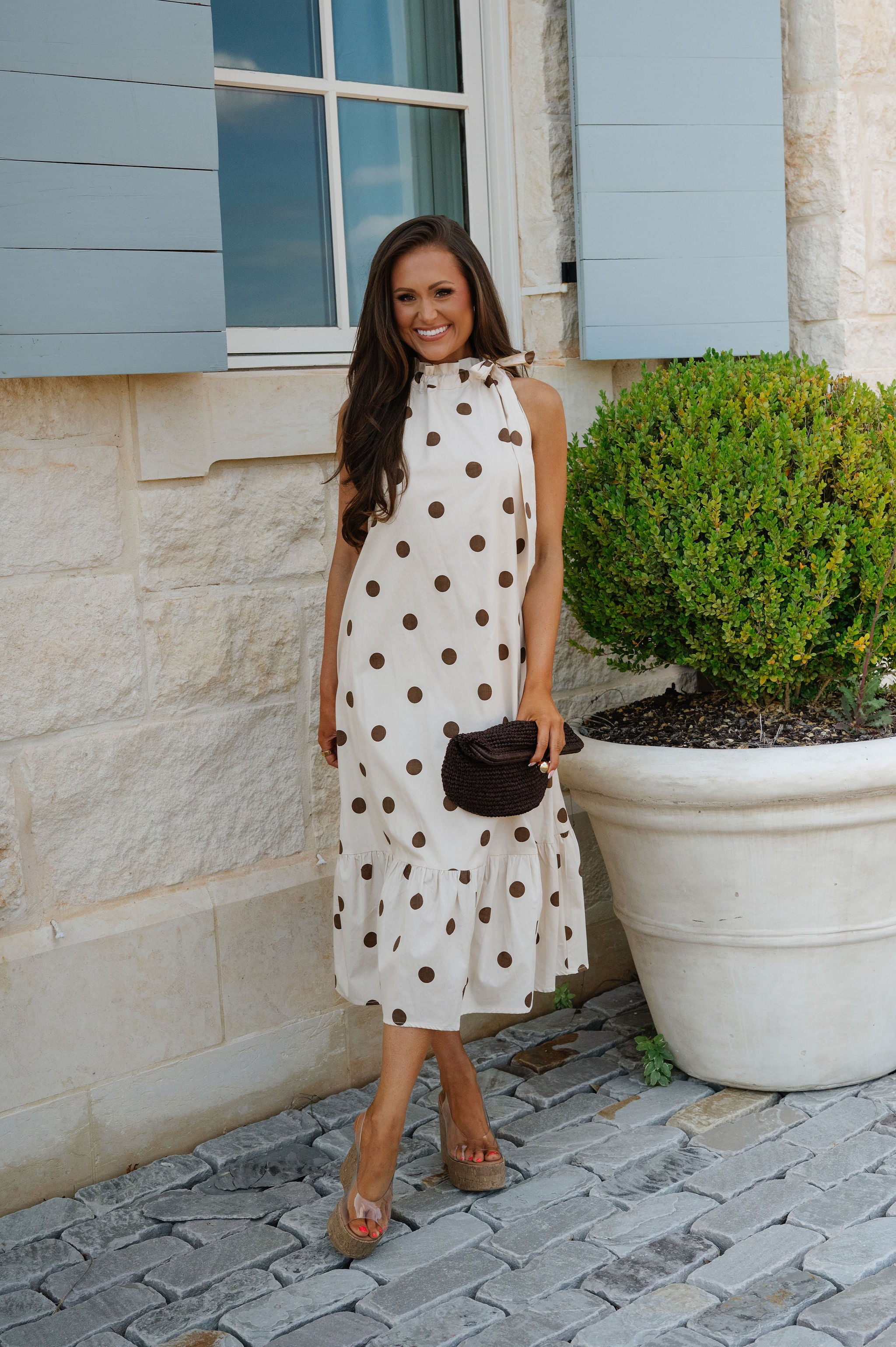 Ruffle Neck Midi Dress-Brown Polka Dot