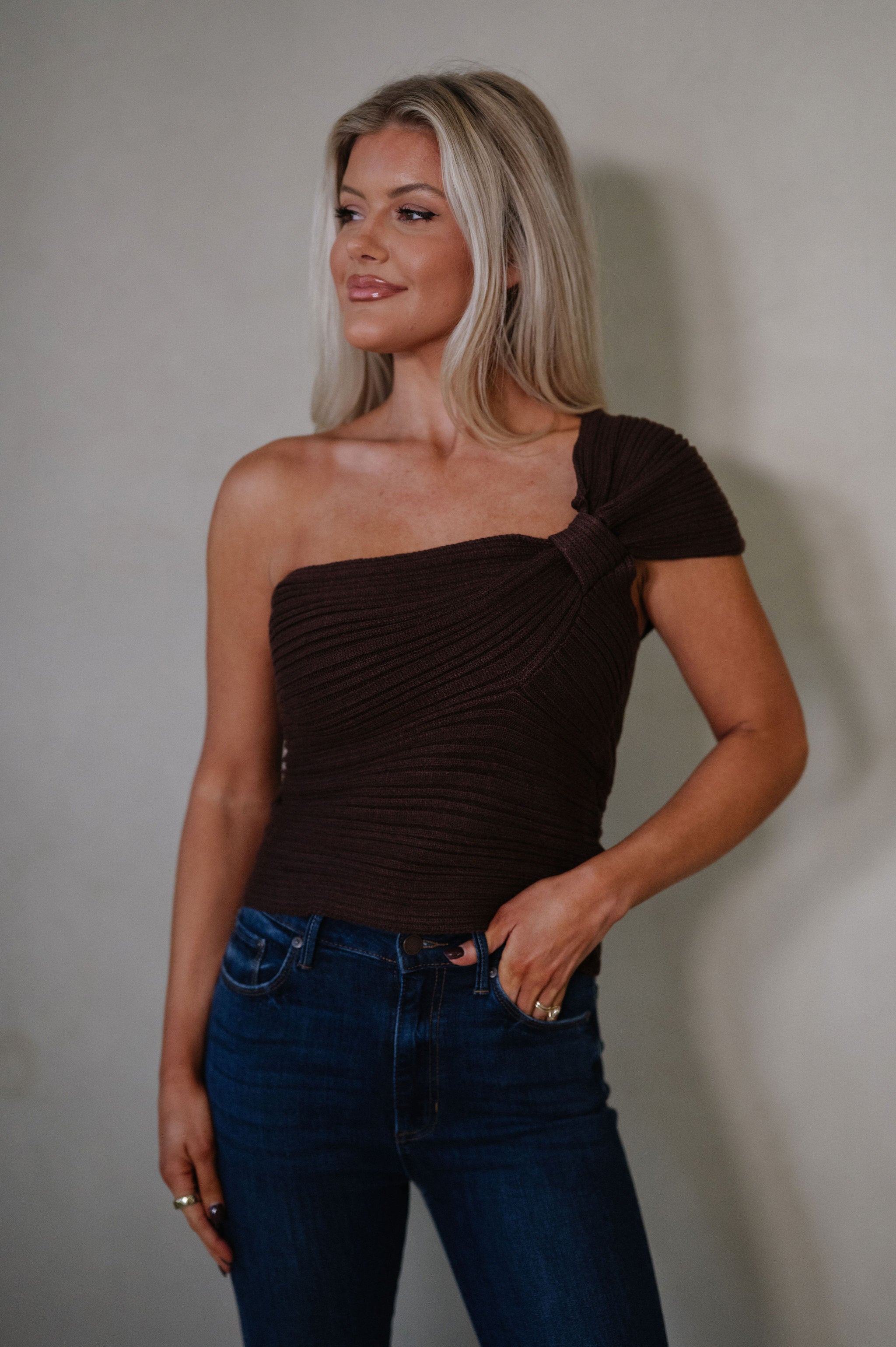 Izzy One Shoulder Knit Top-Chocolate