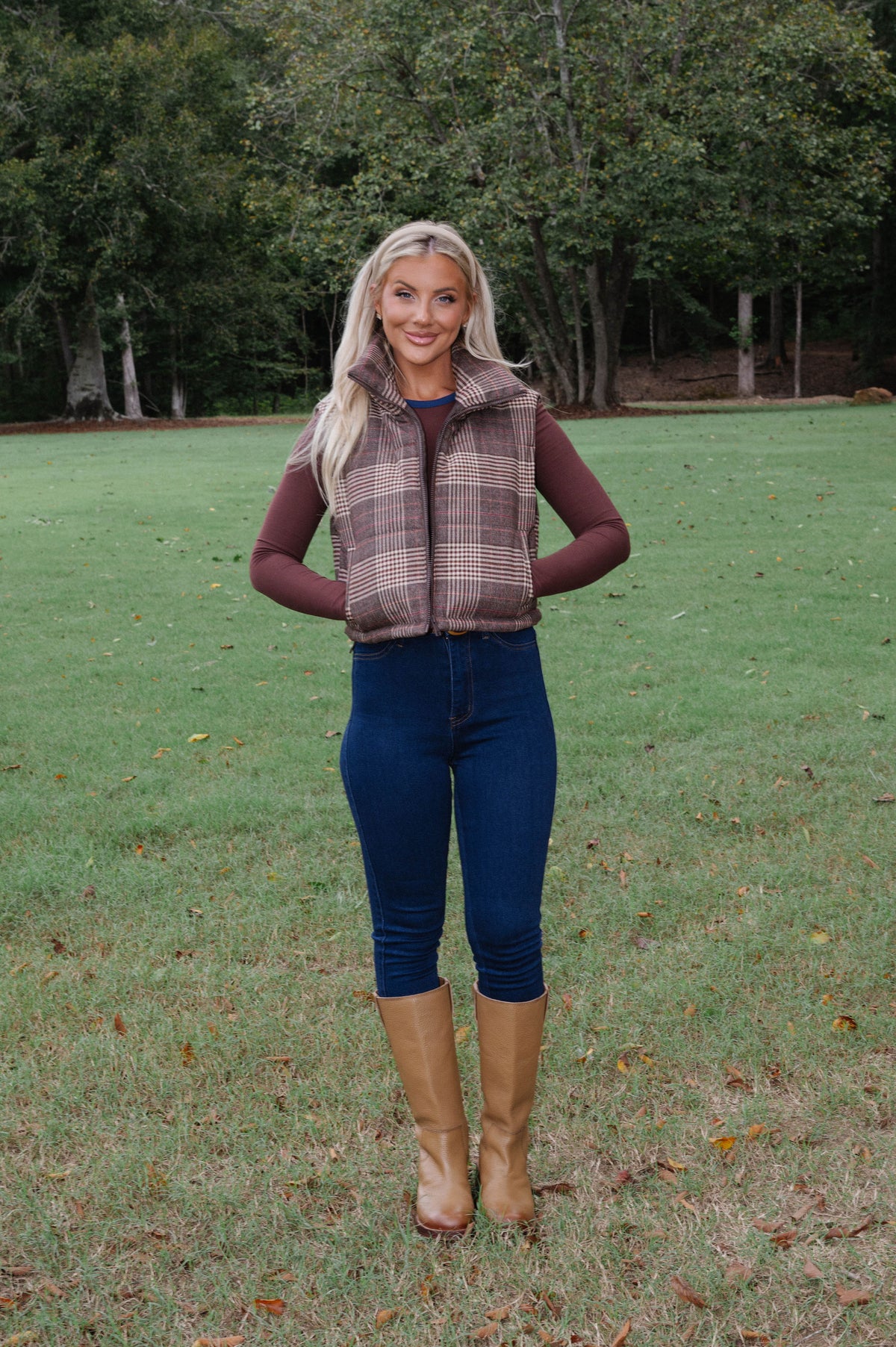 Ruby Plaid Puffer Vest-Brown