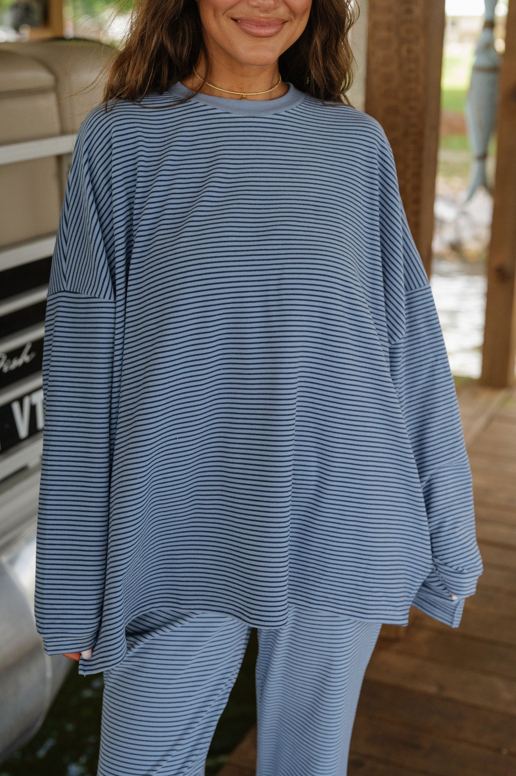 Nora Striped Fleece Oversized Top-Dusty Blue