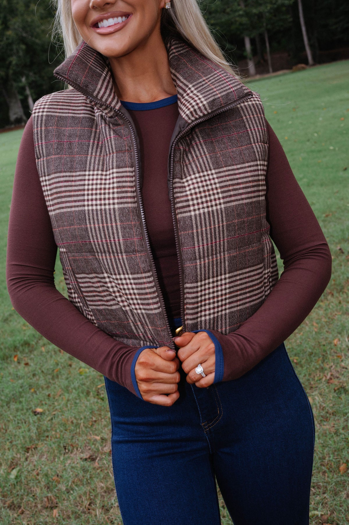 Ruby Plaid Puffer Vest-Brown