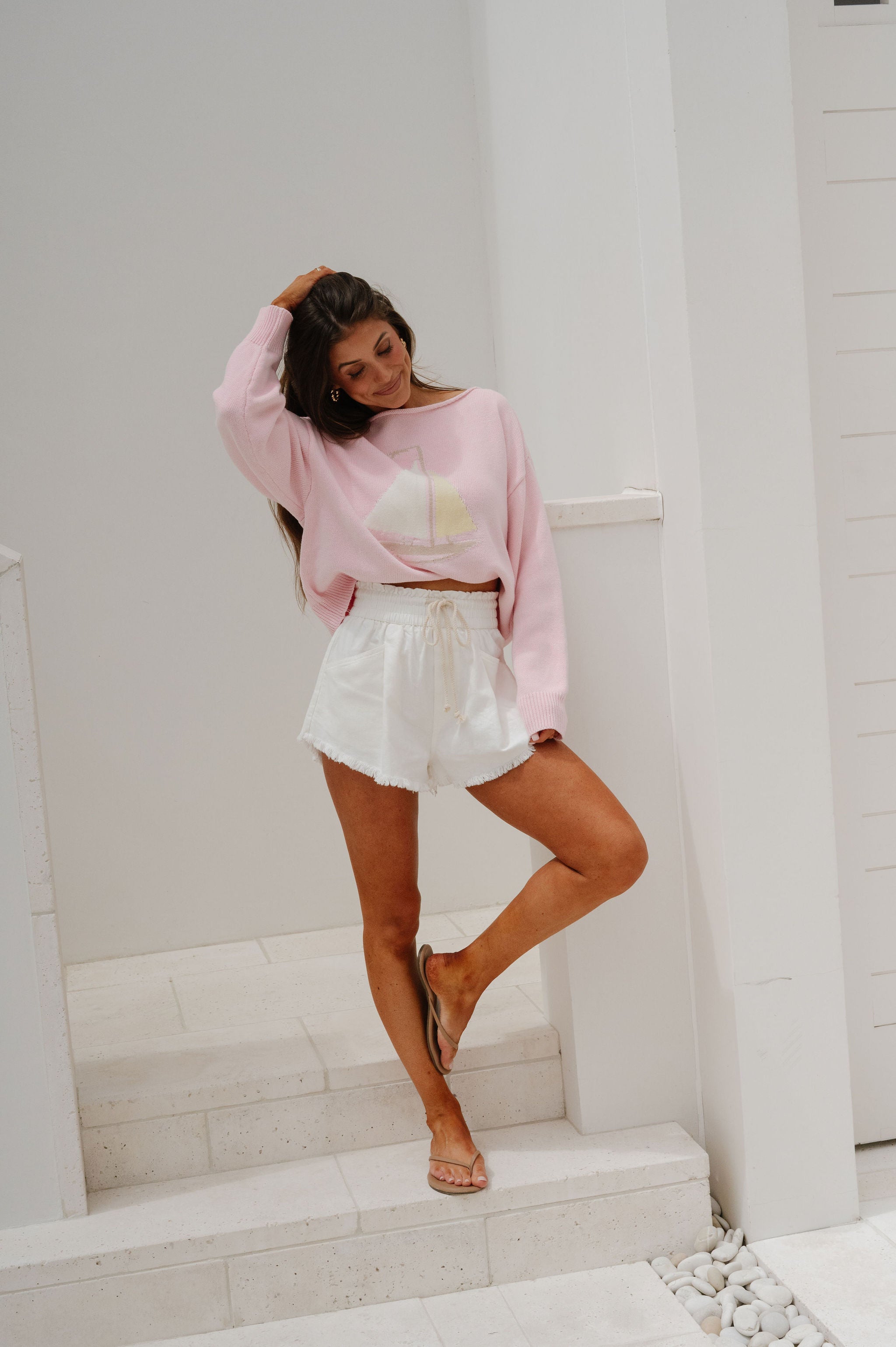 Boat Neck Sweater Top-Light Pink