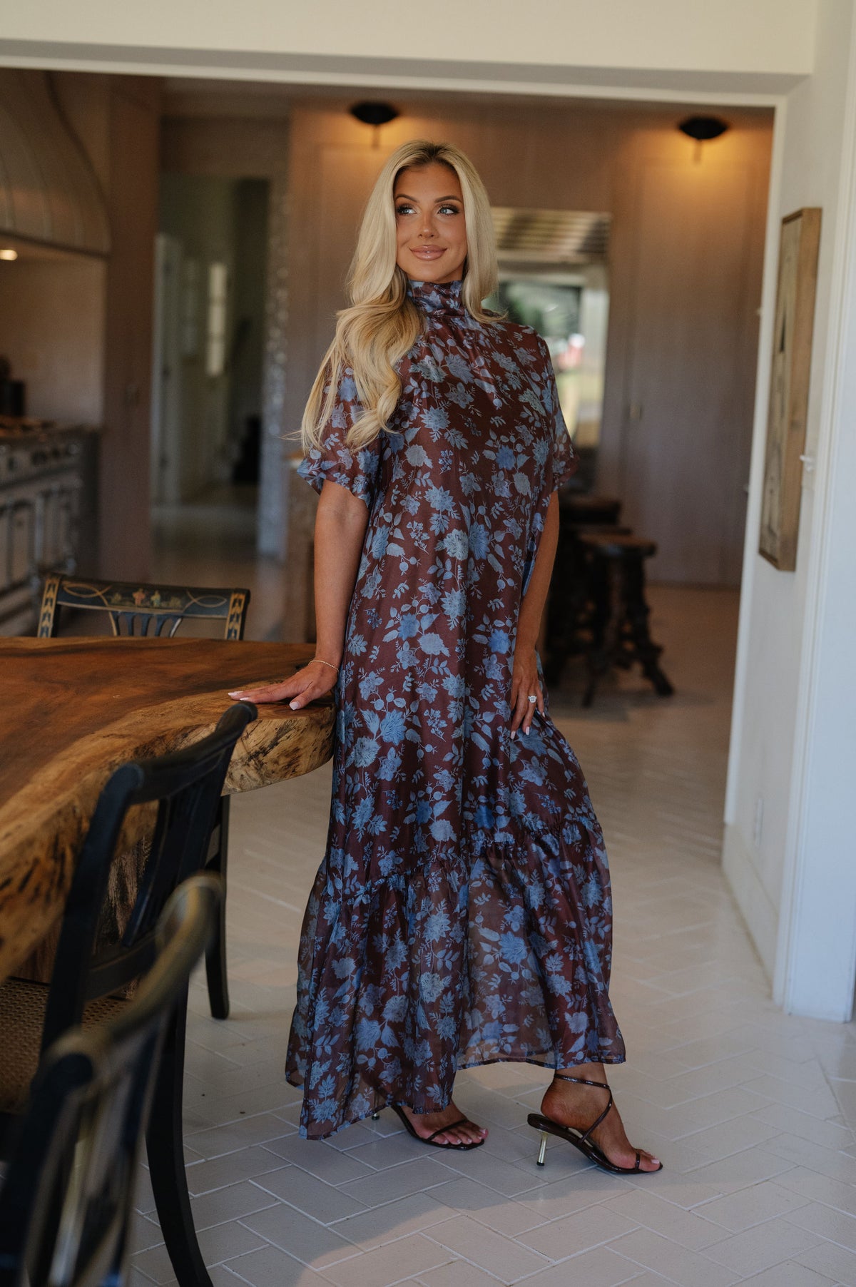 London High-Neck Maxi Dress-Brown