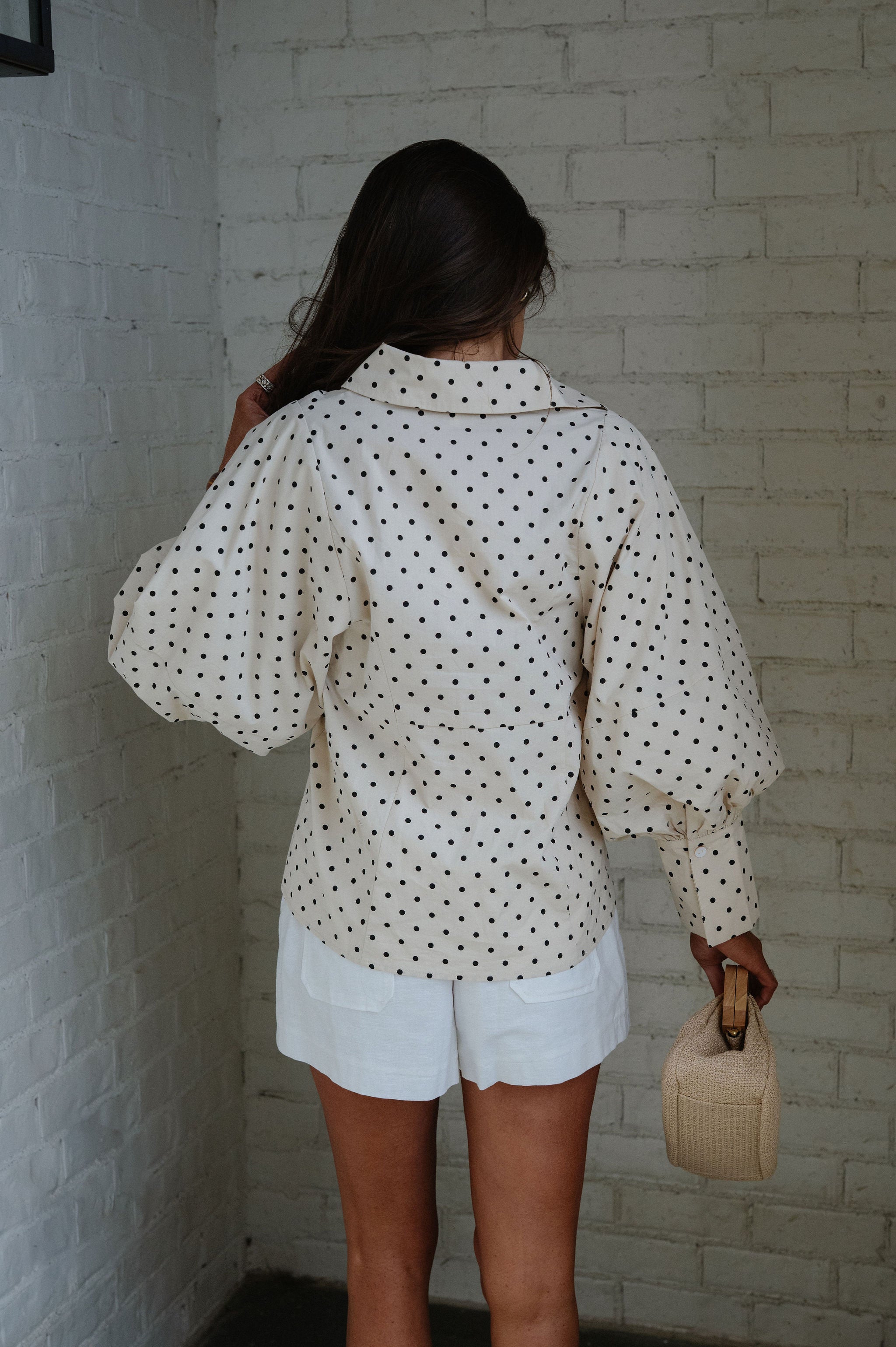 Lizzie Polka Dot Button Down-Taupe