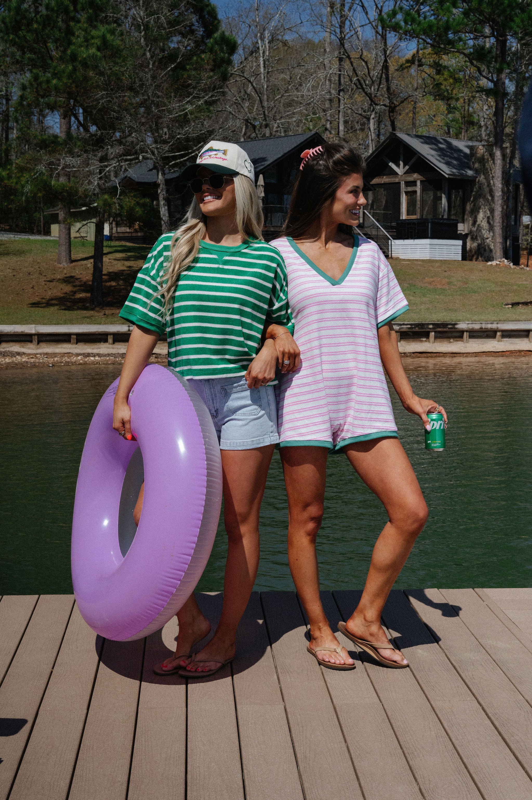 Terry Striped Oversized Top-Green/Oat