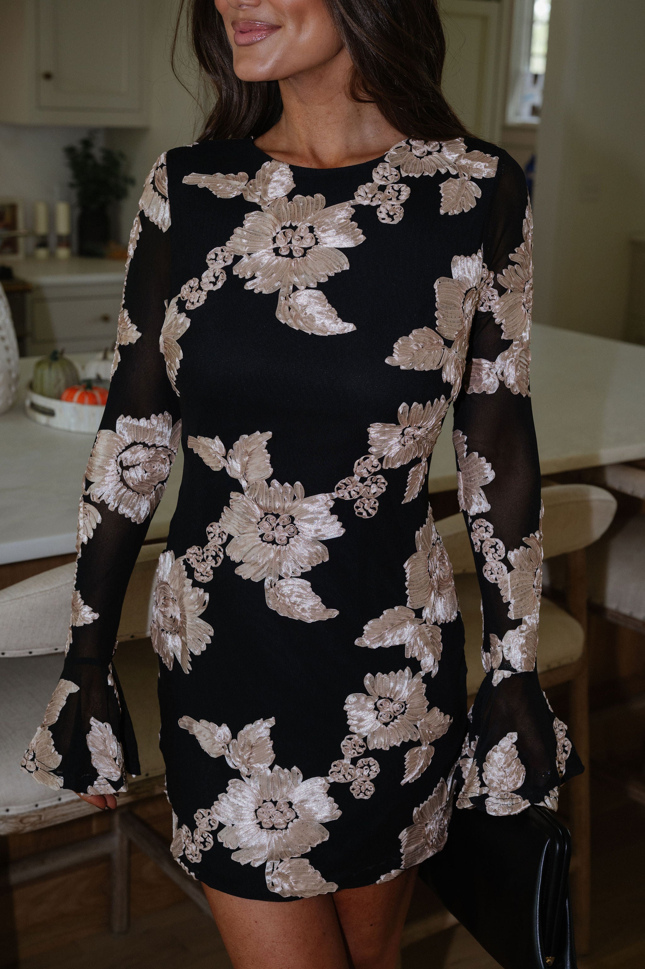 Ryland Bell Sleeve Mini Dress-Black/Taupe