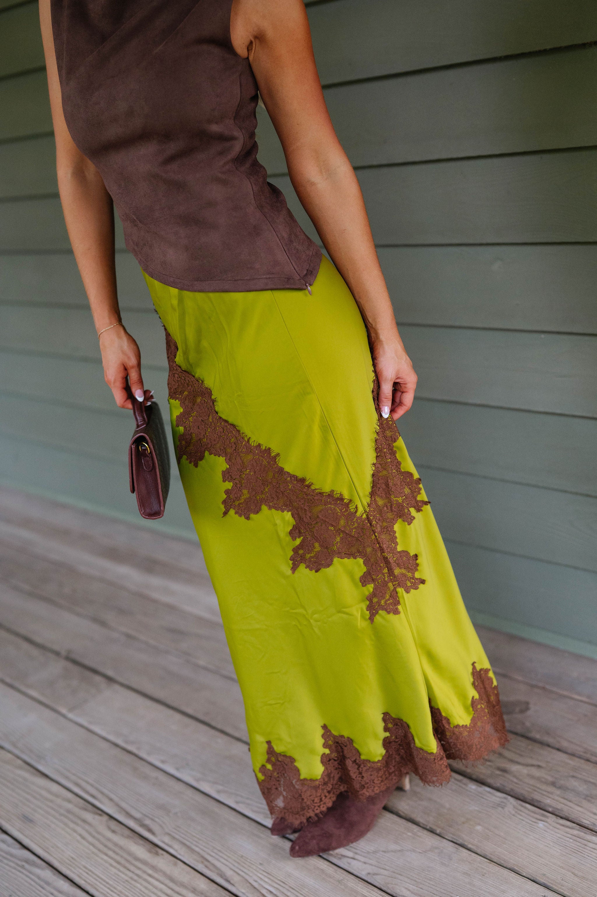 Oakley Lace Trim Maxi Skirt-Green
