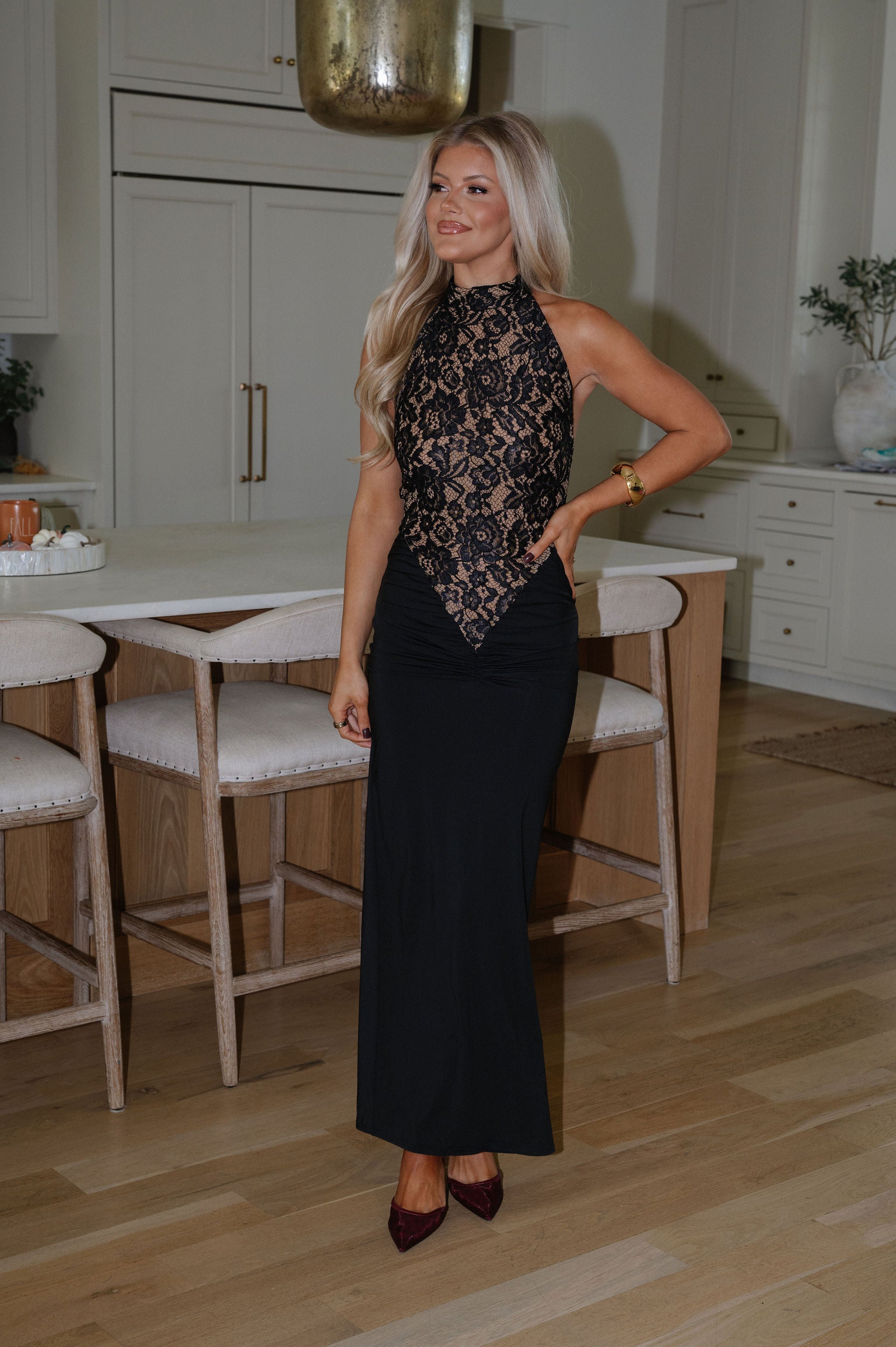 Lace Halter Maxi Dress-Black