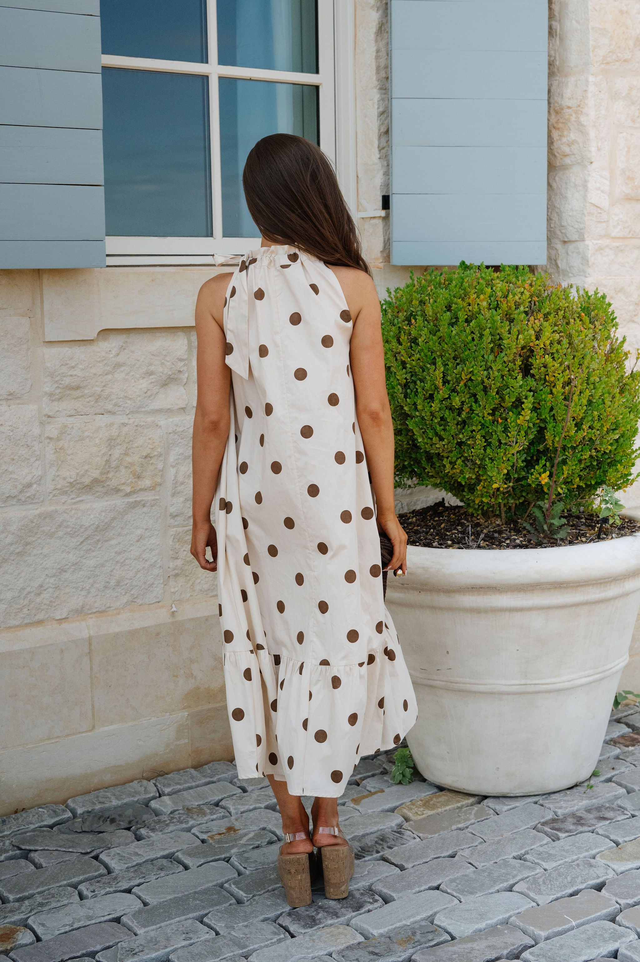 Ruffle Neck Midi Dress-Brown Polka Dot