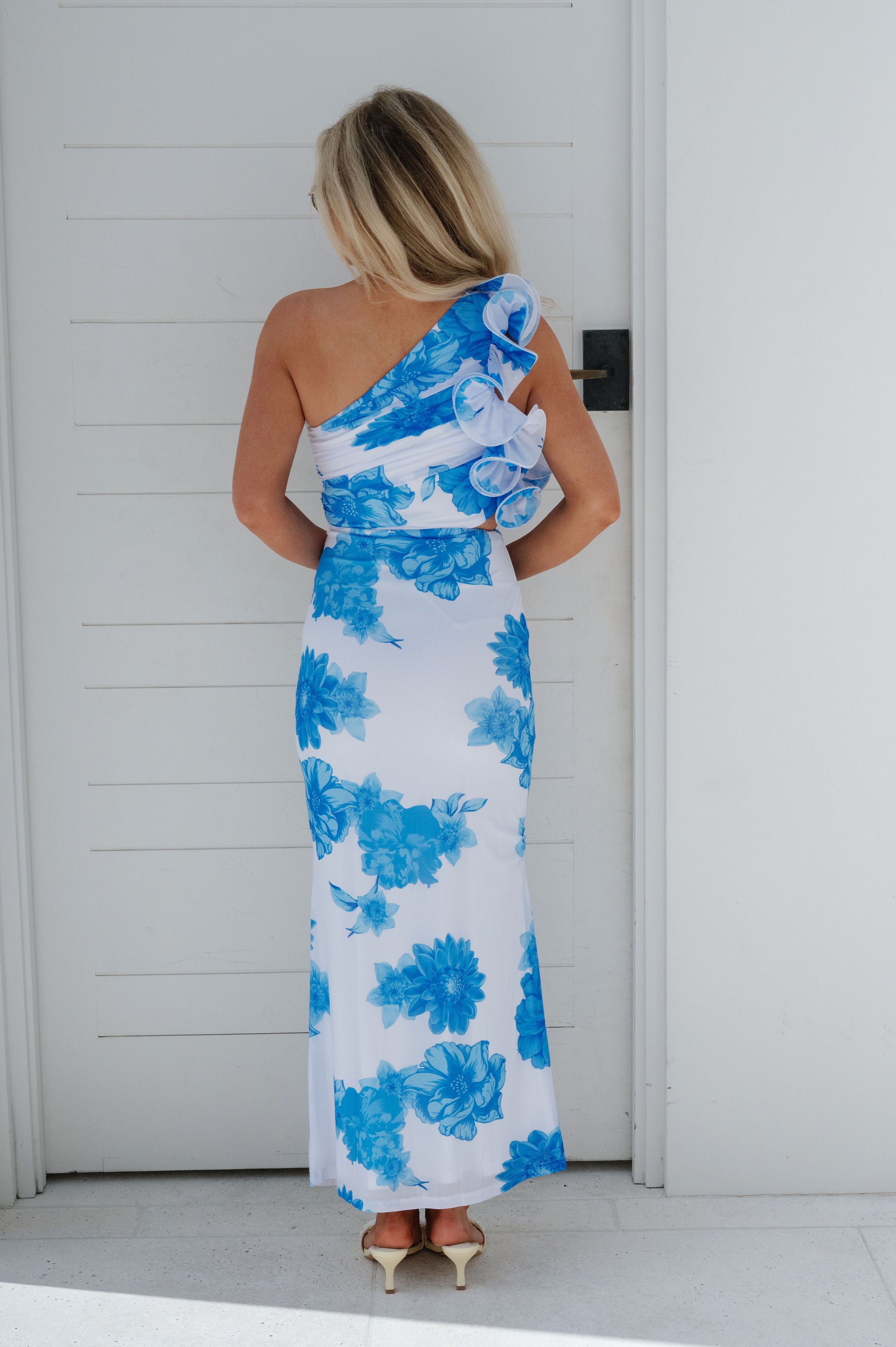 One Shoulder Ruffled Dress- Blue
