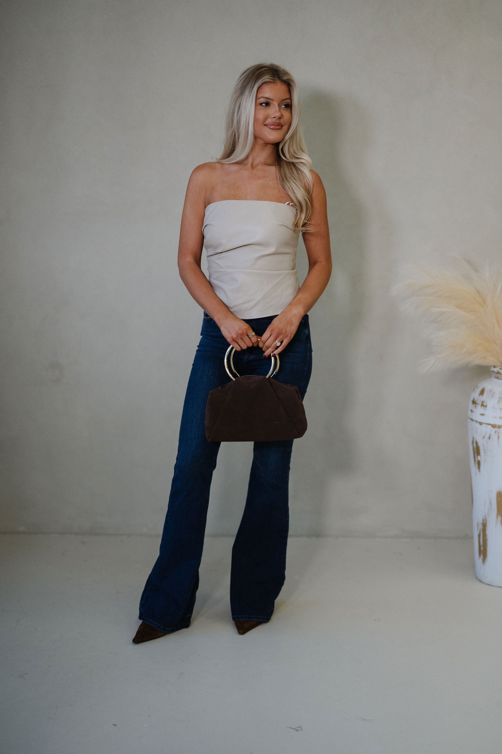 Strapless Faux Leather Top-Beige