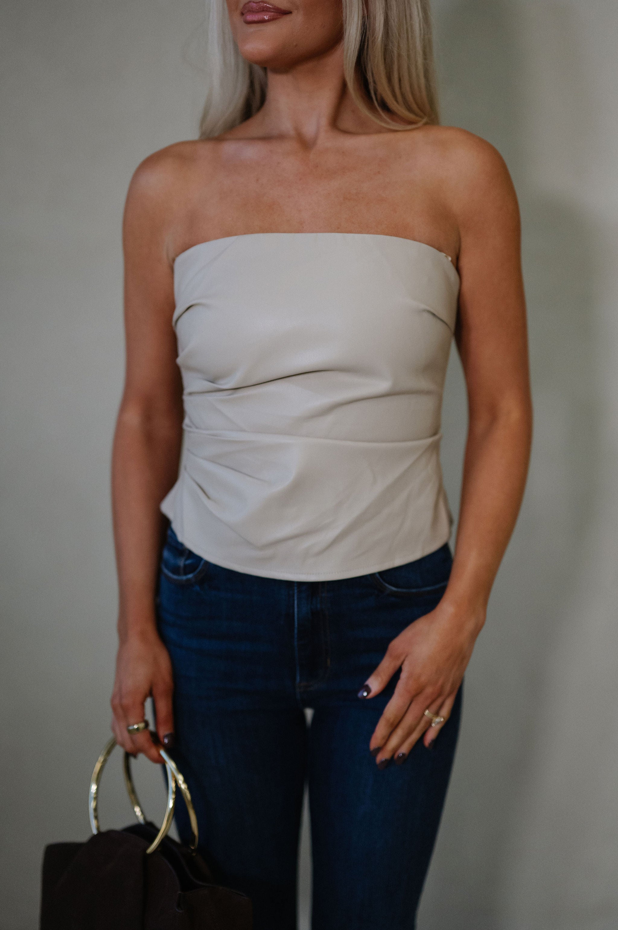 Strapless Faux Leather Top-Beige
