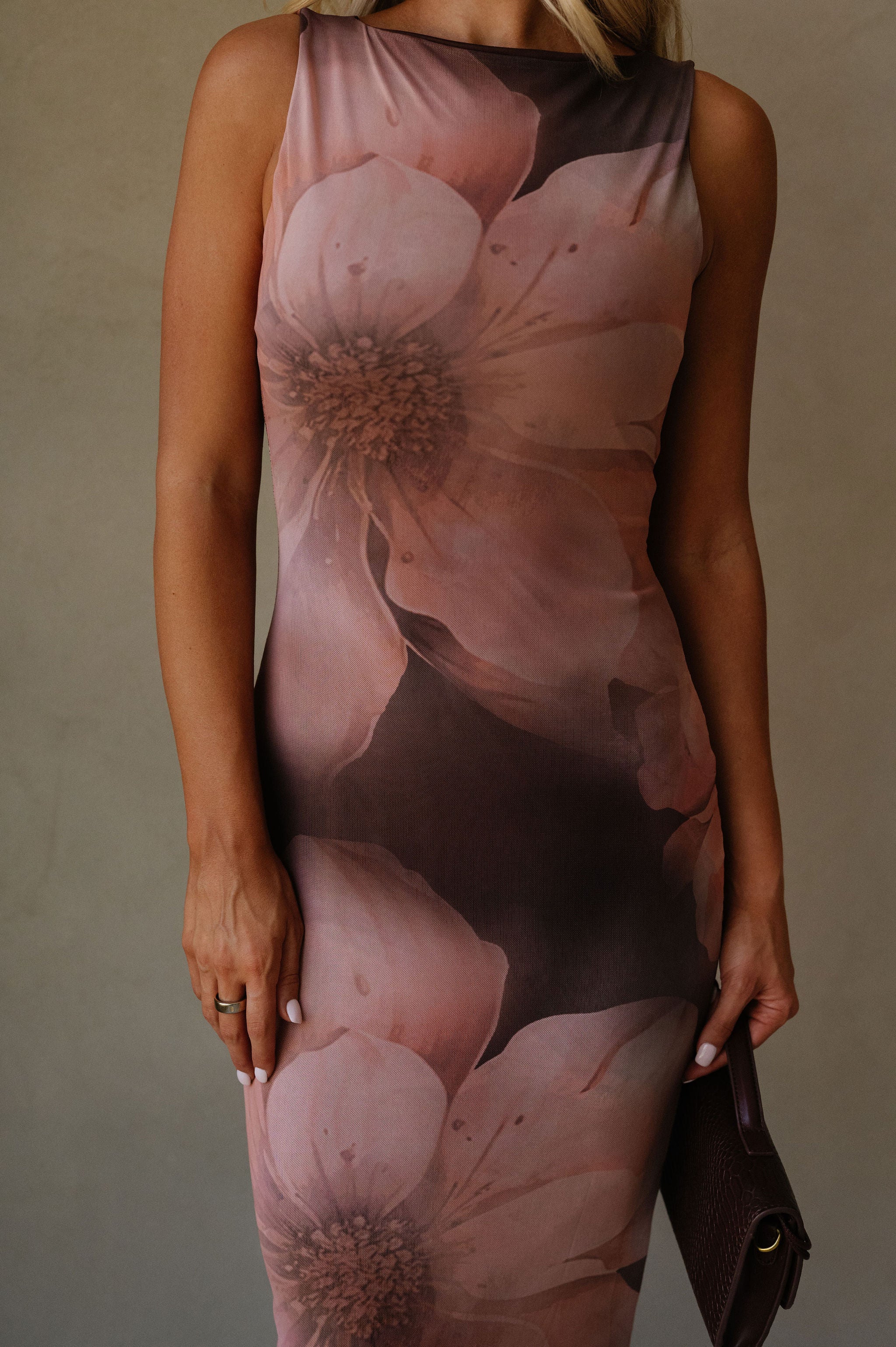 Sleeveless Maxi Floral Mesh Dress-Brown/Orange