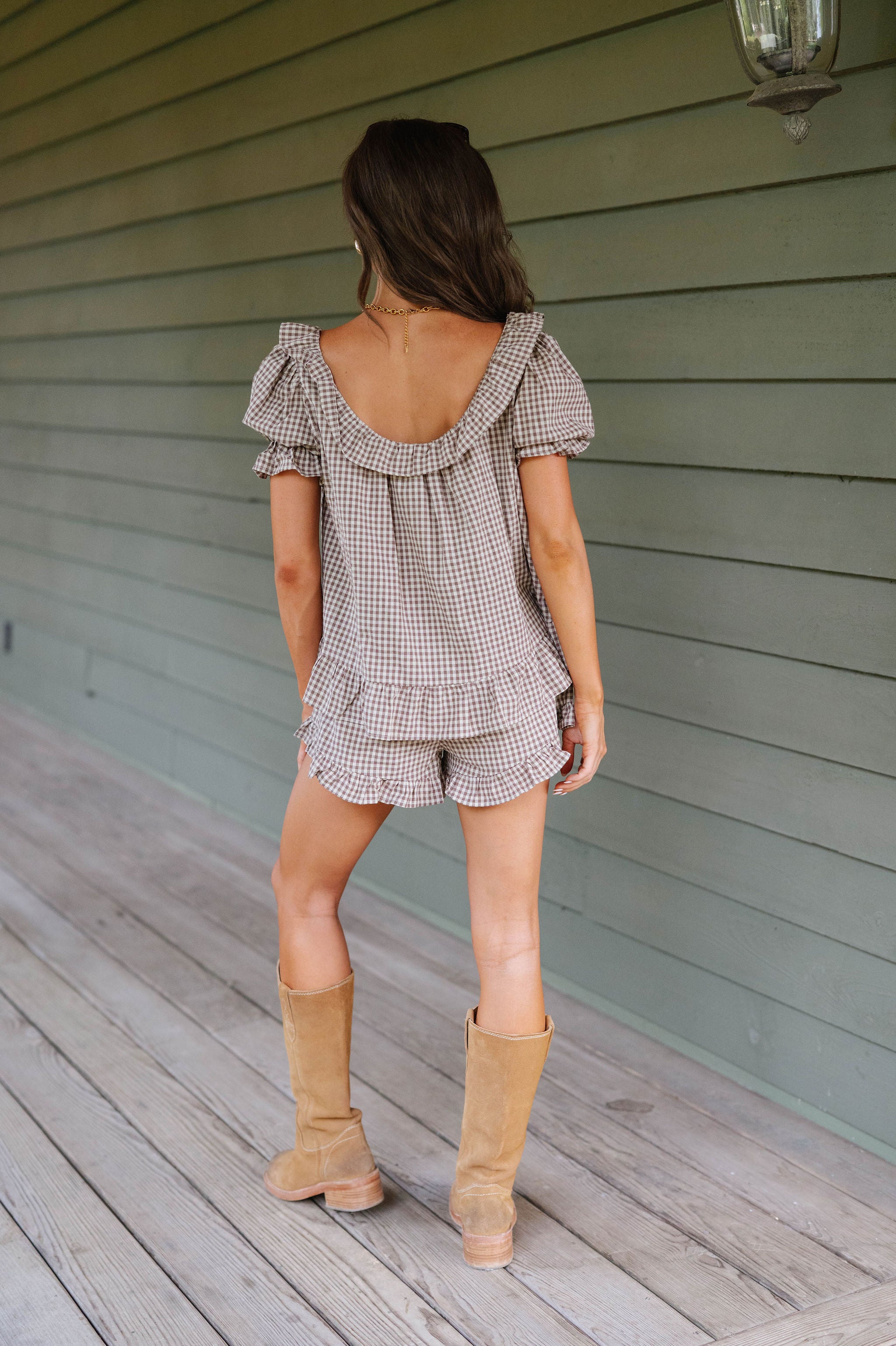 Kora Gingham Short Set-Beige/Brown