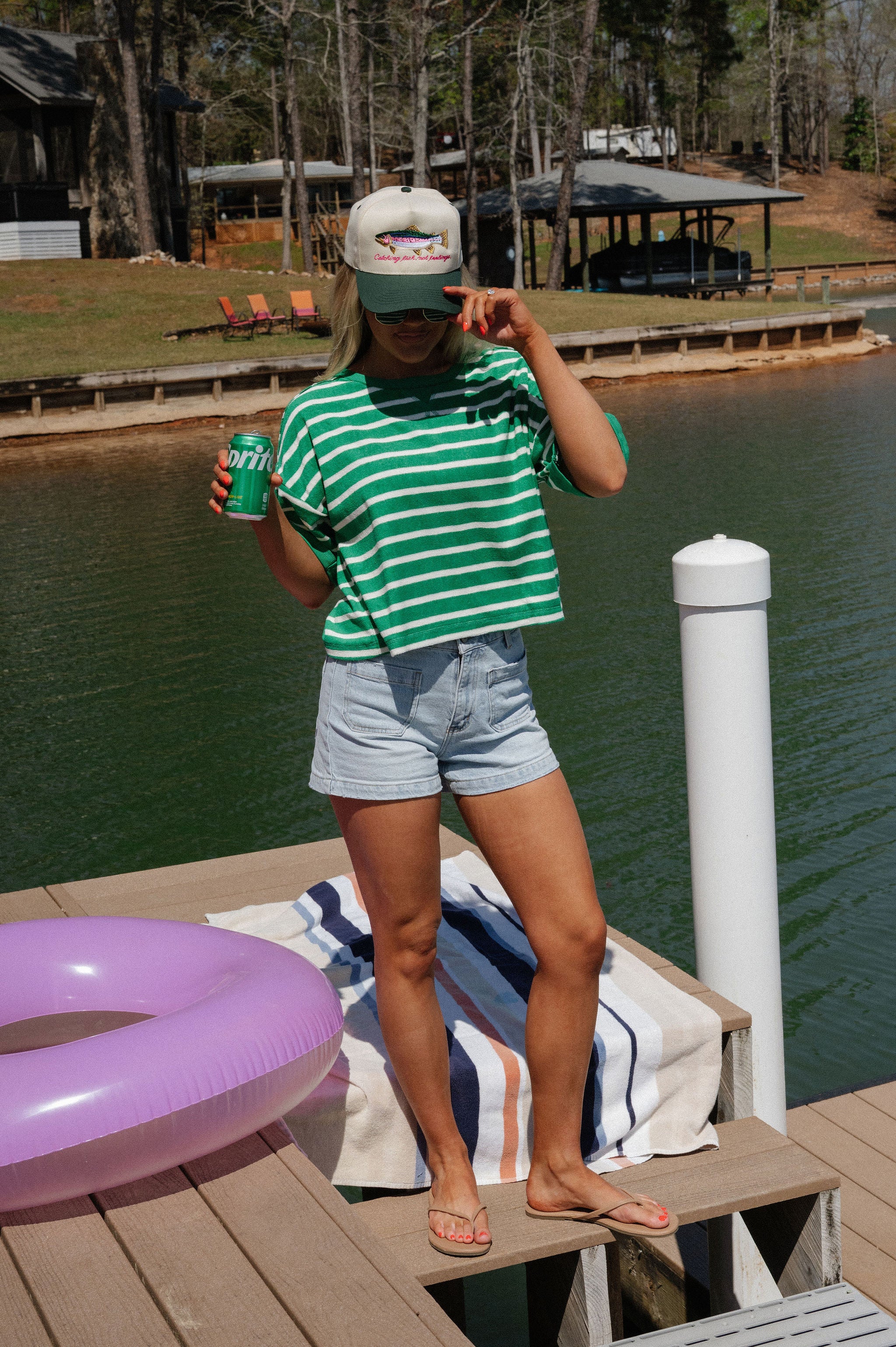 Terry Striped Oversized Top-Green/Oat