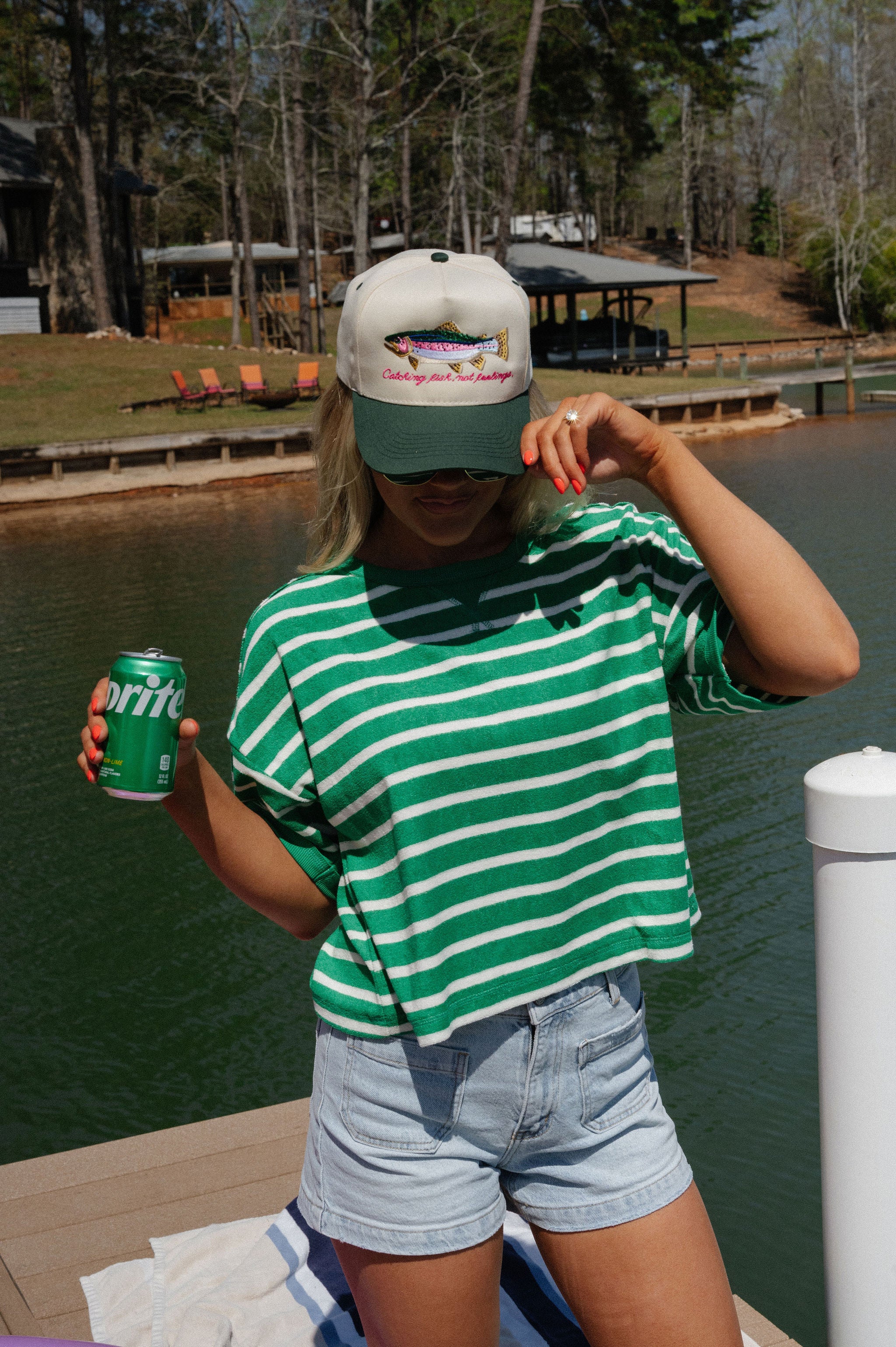 Terry Striped Oversized Top-Green/Oat