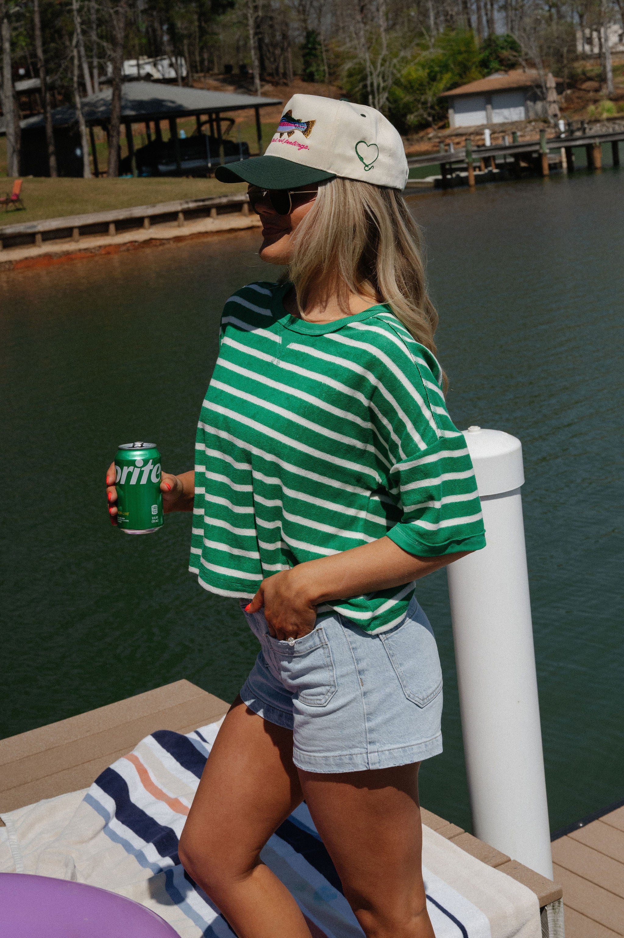 Terry Striped Oversized Top-Green/Oat