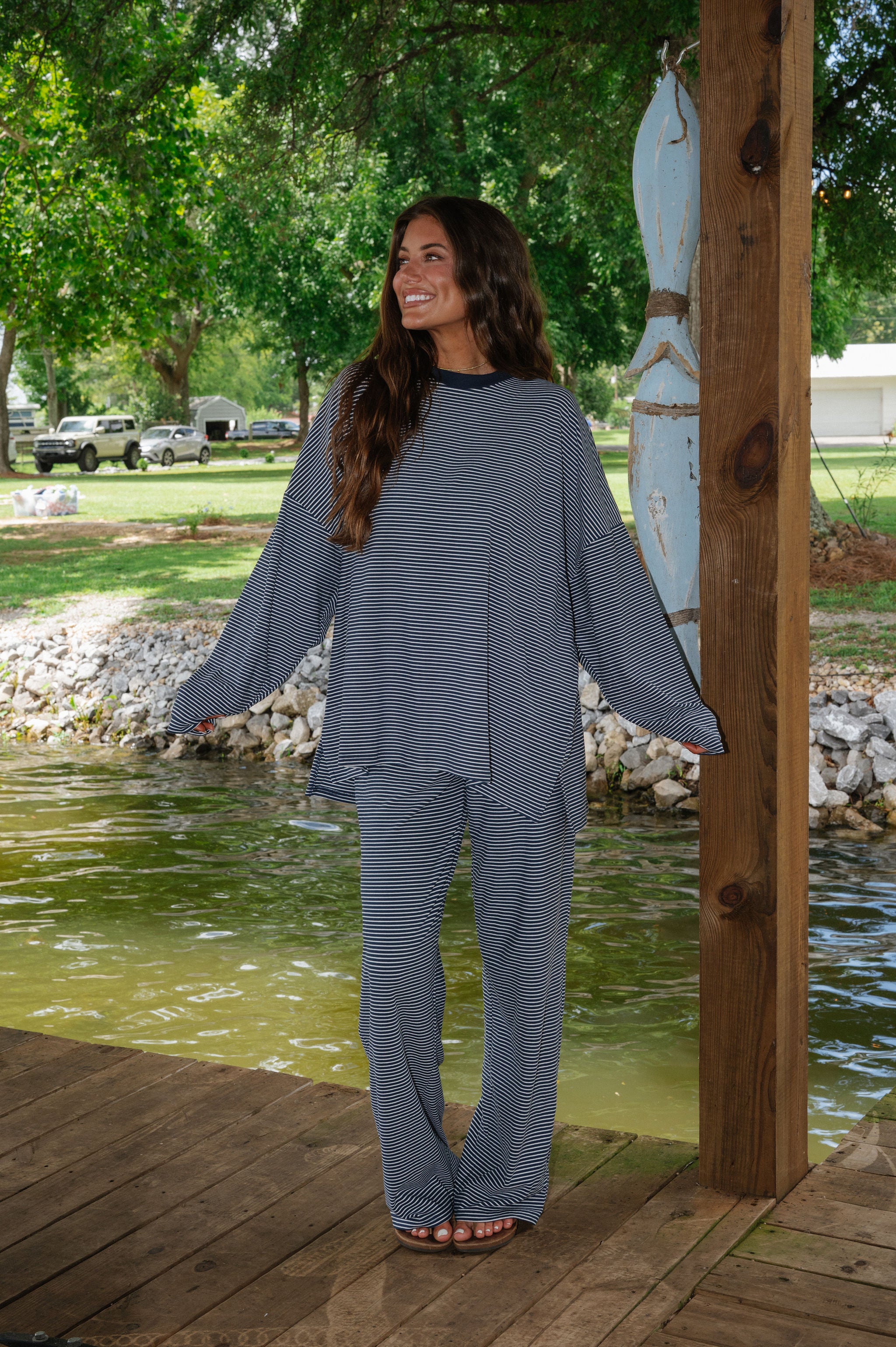 Nora Striped Fleece Oversized Top-Navy