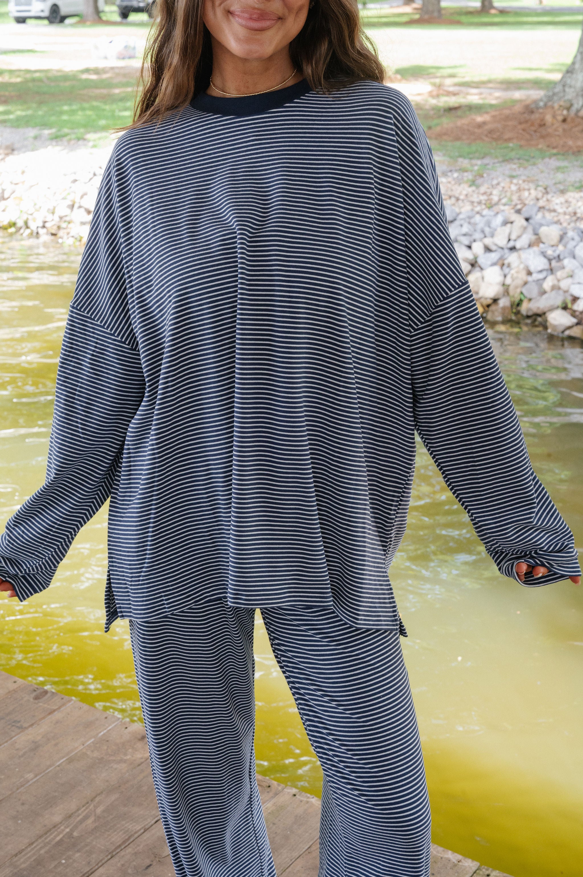 Nora Striped Fleece Oversized Top-Navy